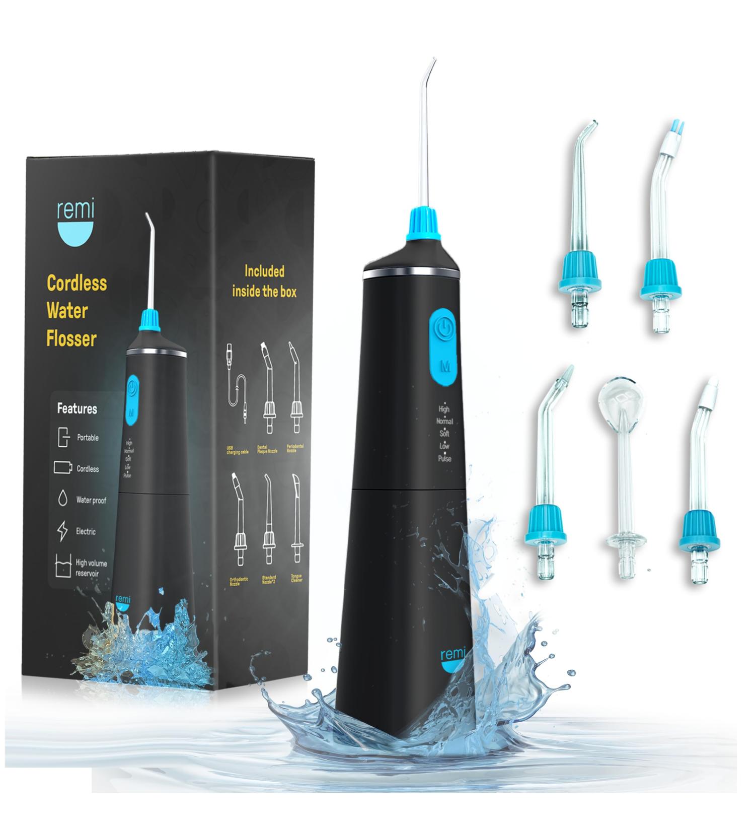 Remi Cordless Water Flosser - Portable Rechargeable Oral Irrigator with 5 Modes & Nozzles | Effective Tartar & Plaque Remover (Charcoal - Buy Online on GoSupps.com