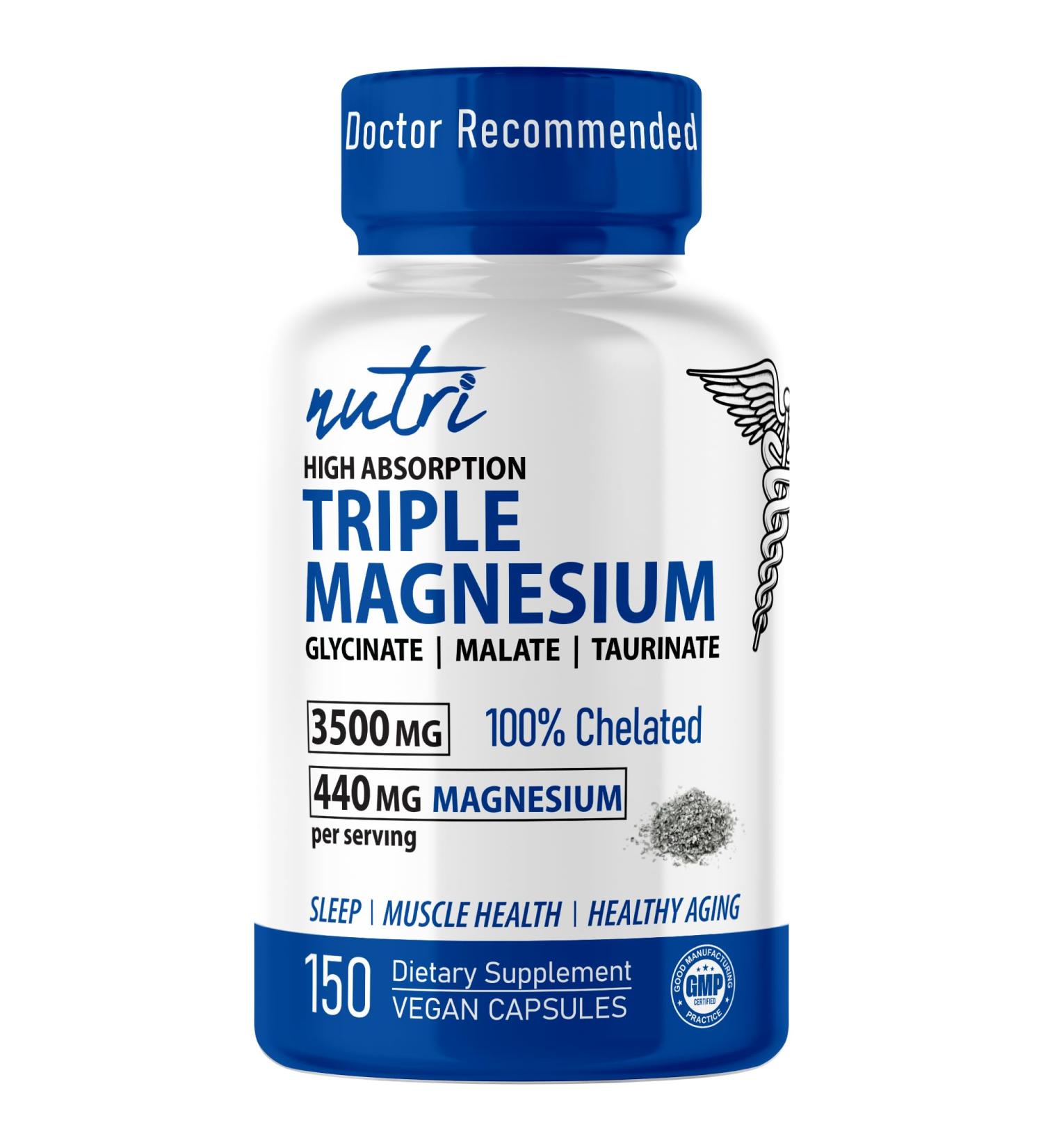 Nutri Triple Magnesium Complex 440mg - Magnesium Glycinate Malate & Taurinate - 100% Chelated for Maximum Absorption - 120 Vegan Capsules - Triple Complex Magnesium - Magnesio Triple Complex - Buy Online on GoSupps.com