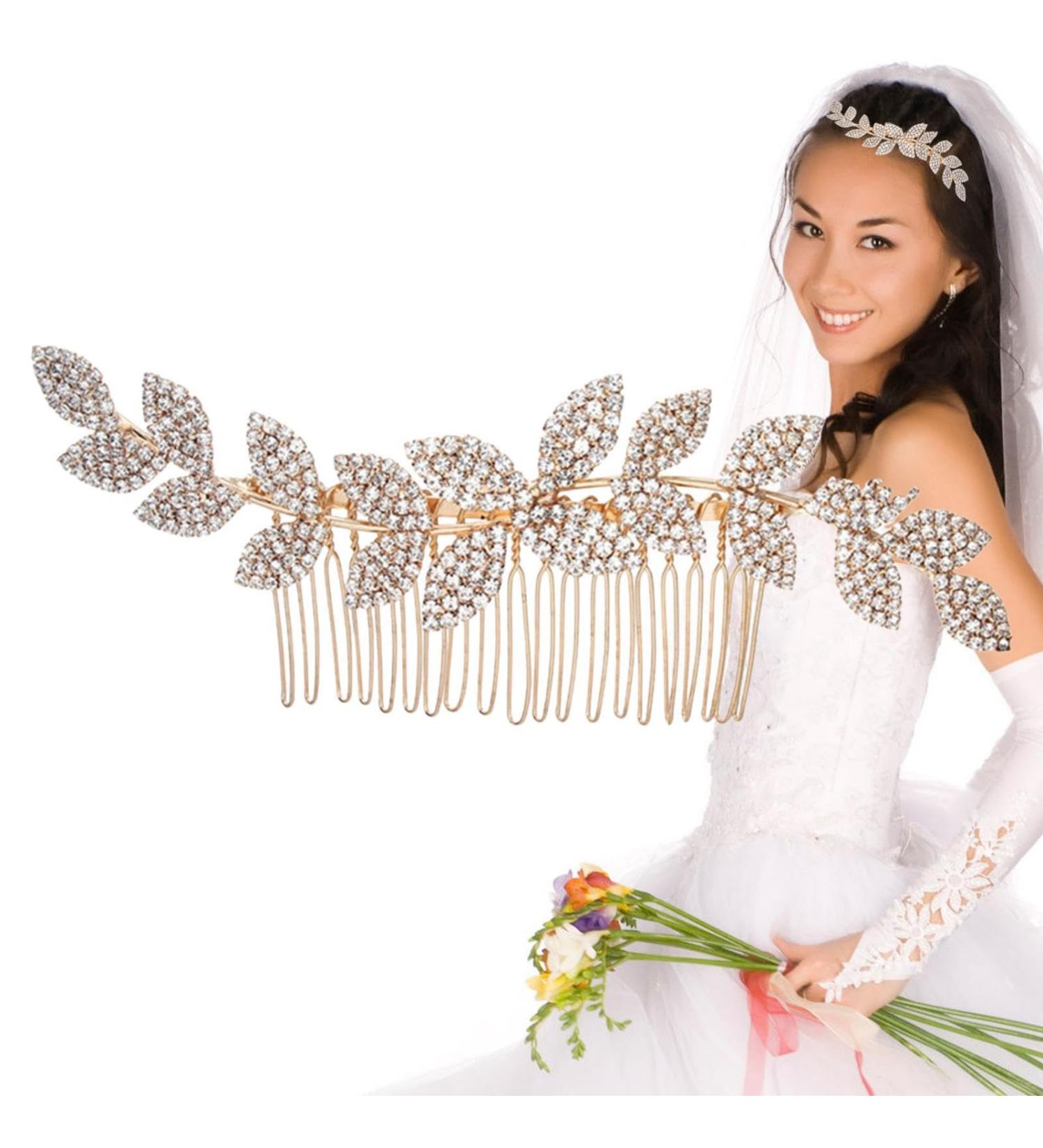 Bridal Hairpiece Wedding Hair Clips for Brides | Design Bridal Hairpiece | Elegant Rhinestone Hair Comb Bridal Wedding Hairpiece for Women and Girls gold - Buy Online on GoSupps.com