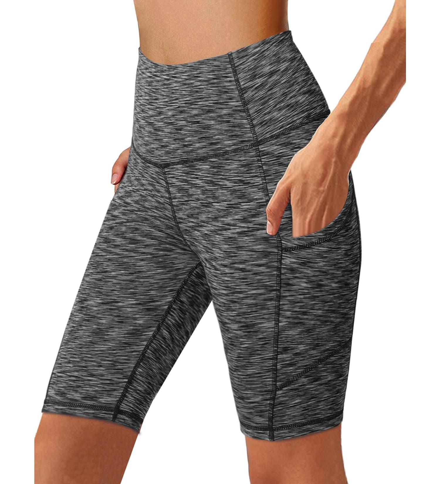Women's High Waist Biker Shorts with Pockets | Tummy Control Spandex Leggings for Yoga Running & Exercise - Black & Gray - Buy Online on GoSupps.com