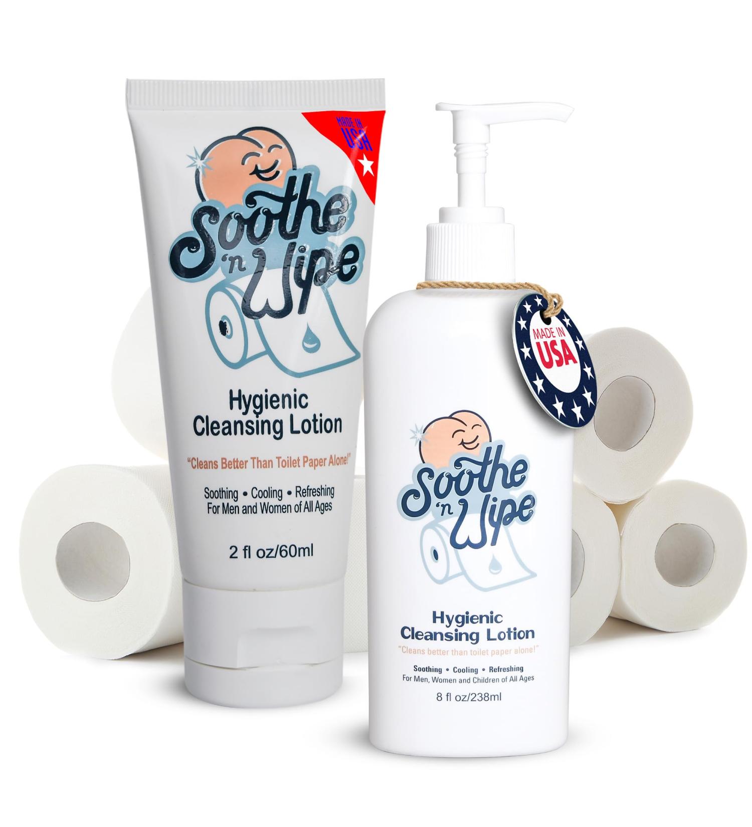 SOOTHE 'N WIPE Hygienic Anal Cleansing Lotion - 8oz and 2oz Pack - Chafing Cream Anti Itch Lotion for Bum Cream for Sensitive Skin - Flushable Wipe Alternative with Aloe & Moisturizers - Buy Online on GoSupps.com