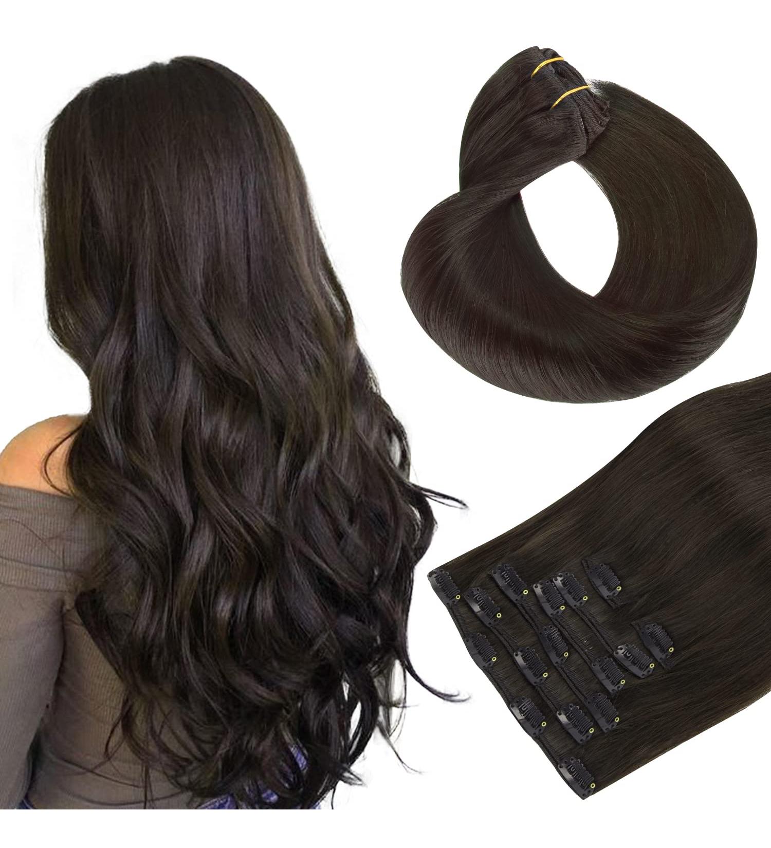 Hotbanana Dark Brown Clip-In Hair Extensions - 20 Inch Real Remy Human Hair 120g 7Pcs Straight #2 - Buy Online on GoSupps.com