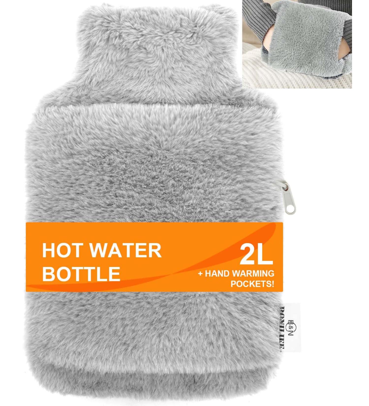 Bonilife 2L Hot Water Bottle with Fluffy Cover - Large Rubber Bag for Pain Relief - Shoulder, Back, Period - Hand Warmer Pocket - Light Grey - Buy Online on GoSupps.com