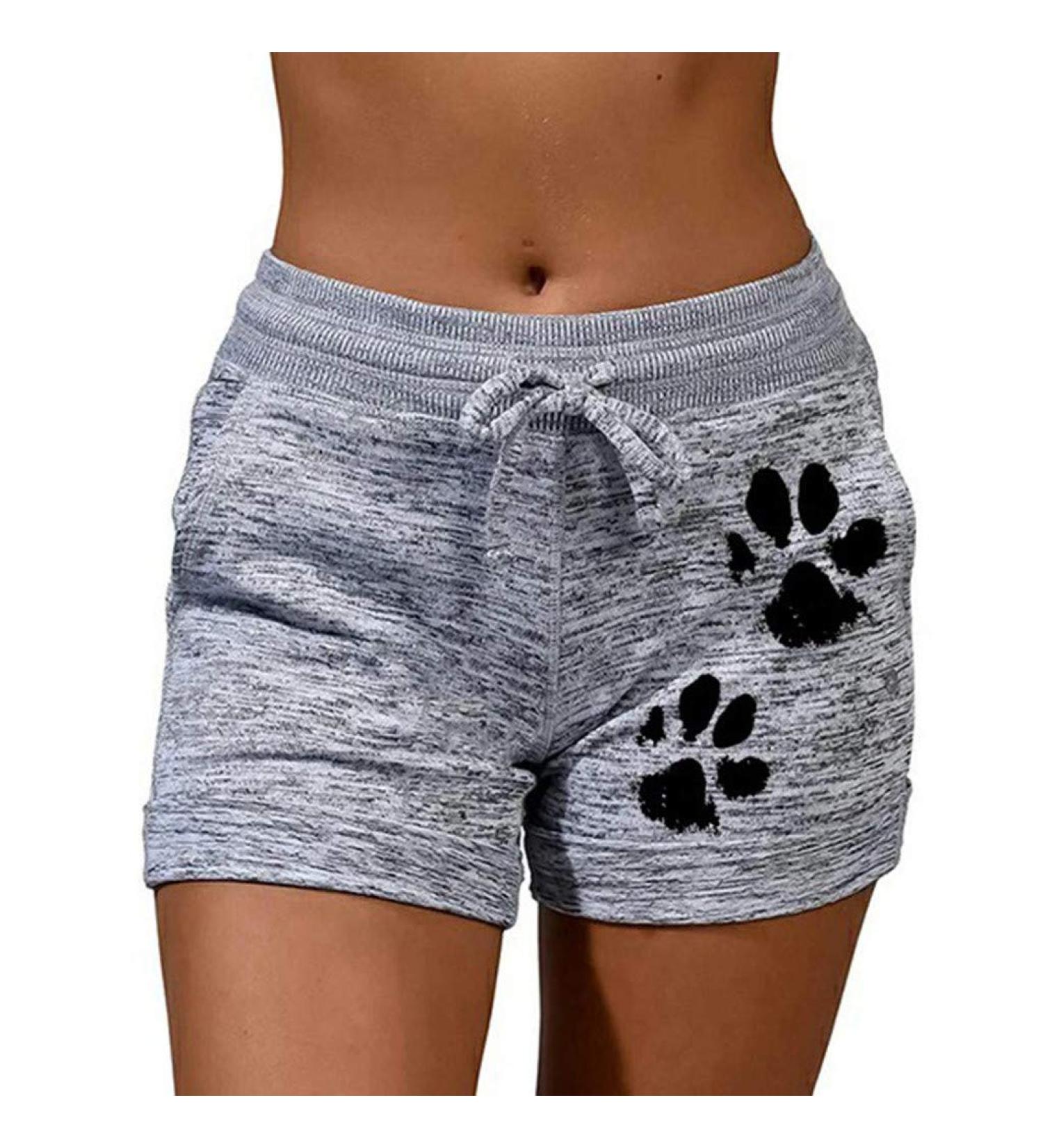 Haiorziyou fashion ladies casual sports shorts cord pockets short yoga pants waist routes leisure pants cat paw printing summer beach training yoga running shorts high trousers 5xl gray