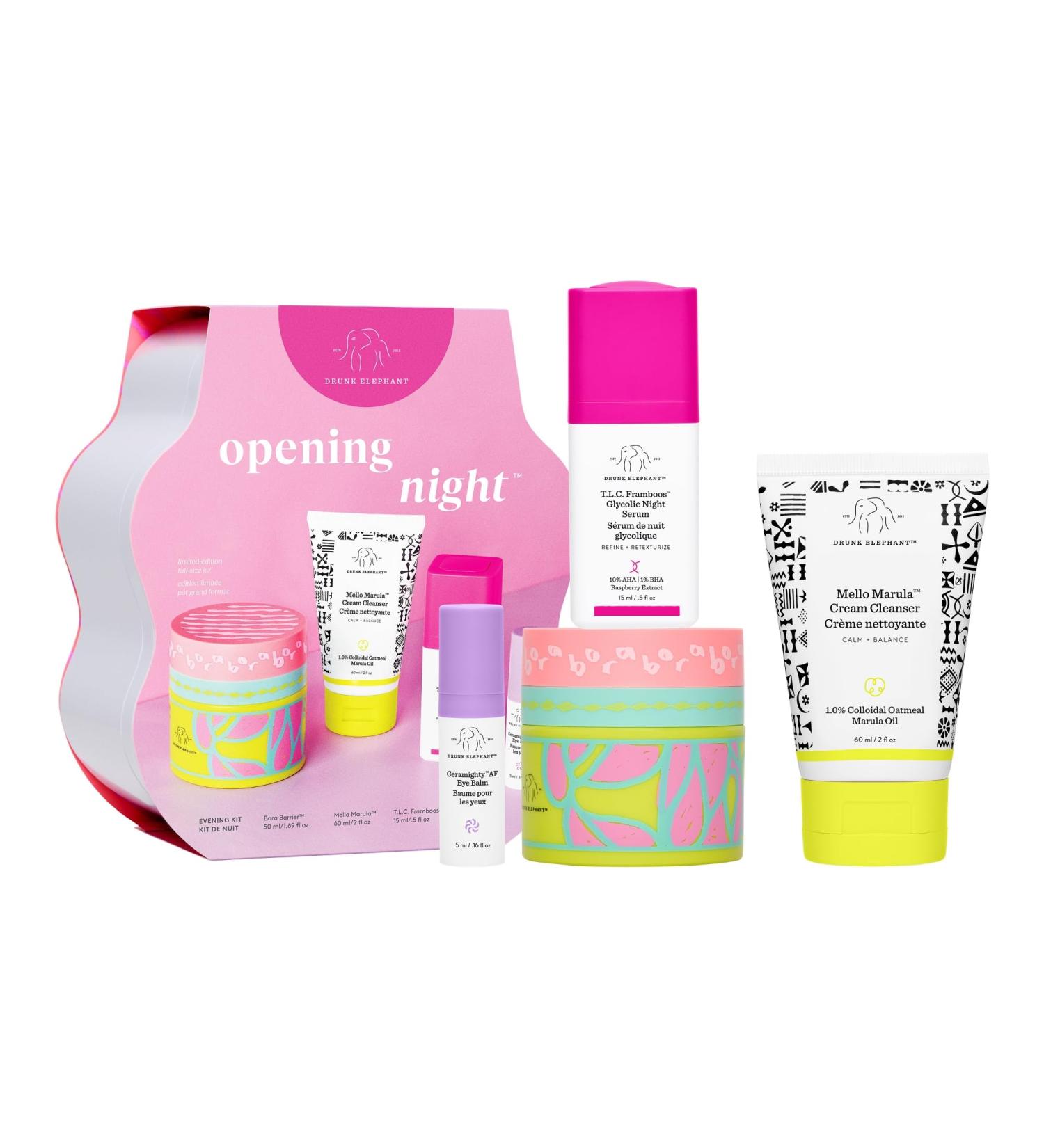 Drunk Elephant Opening Night Kit - Bora Barrier Cream (50ml/1.69 fl oz) Mello Marula Cream Cleanser (60ml/2 fl oz) TLC Framboos Glycolic Night Serum (15ml/.5 oz) Ceramighty Cream (5ml/.16 fl oz) - Buy Online on GoSupps.com