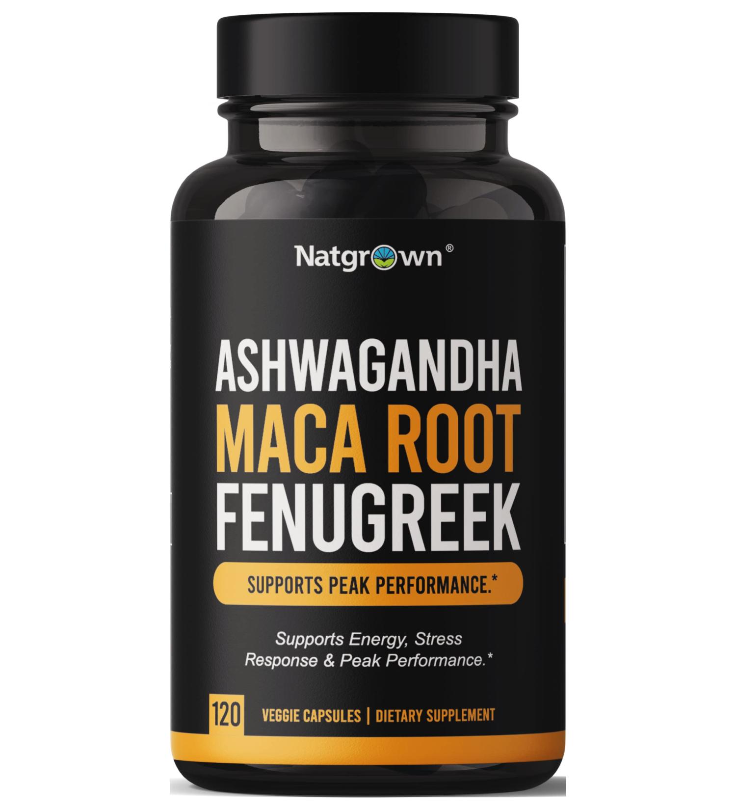 Natgrown Ashwagandha Maca Root Fenugreek Extract Capsules Supplement for Men & Women - Vegan Pills - (120 Count) 120 Count (Pack of 1) - Buy Online on GoSupps.com