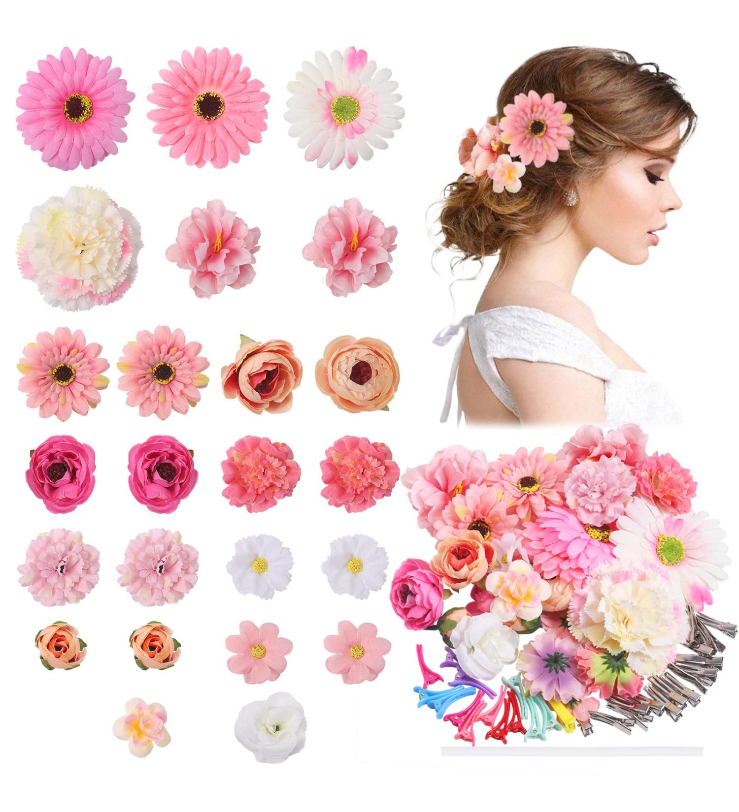 24pcs Pink Flower Hair Clips for Women & Girls - Non-Slip Rose Hair Barrettes for Bride & Kids + 30pcs Duck Billed Hair Clips - Buy Online on GoSupps.com