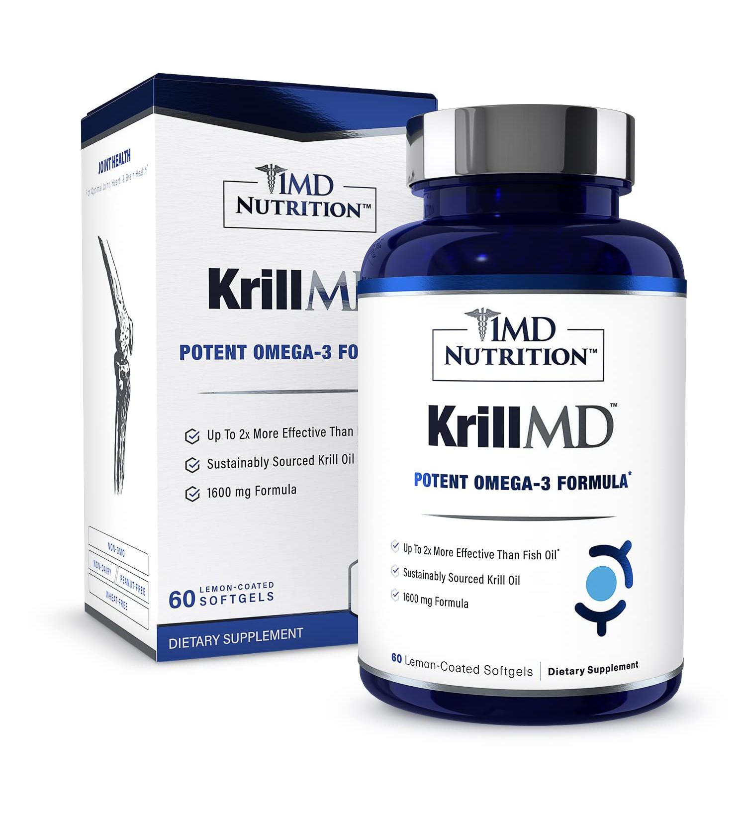 1MD KrillMD Omega 3 Supplement | Antarctic Krill Oil with Astaxanthin, EPA, DHA | 2X More Effective Than Fish Oil | 60 Softgels - Buy Online on GoSupps.com