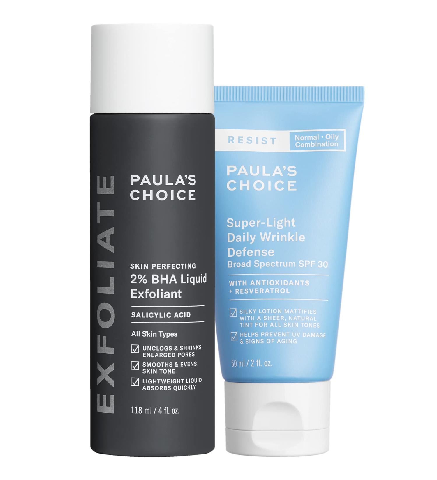 Paula's Choice 2% BHA Liquid Exfoliant & RESIST Super-Light Daily Wrinkle Defense SPF 30 Salicylic Acid for Enlarged Pores & Blackheads and Tinted Mineral Broad-Spectrum Sunscreen Set of 2 - Buy Online on GoSupps.com