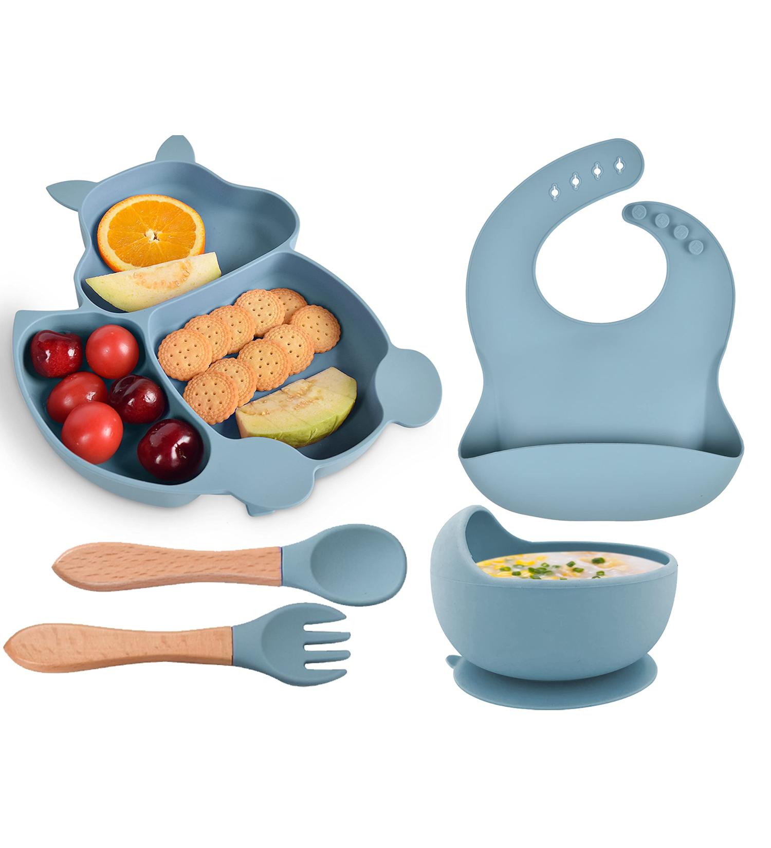 Hoseay Baby Weaning Set - 5 in 1 Silicone Feeding Set for Kids - Blue Squirrel Design - Buy Online on GoSupps.com
