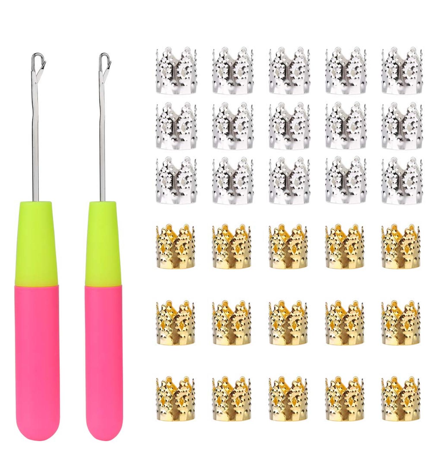 Latch Hook Crochet Needle + 30 Dreadlocks Hair Rings Set for Braiding - Silver & Gold Metal Hair Decoration Accessories - 32PCS - Buy Online on GoSupps.com
