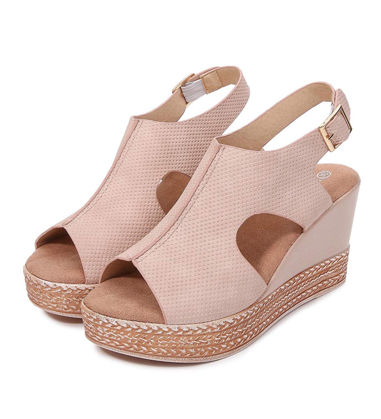 Buy Women's Summer Hollow Fish Mouth Wedge Sandals | Fashionable Peep Toe Platform High Heel Sandals in Black & Pink - EU Sizes 35 36 38 - Buy Online on GoSupps.com