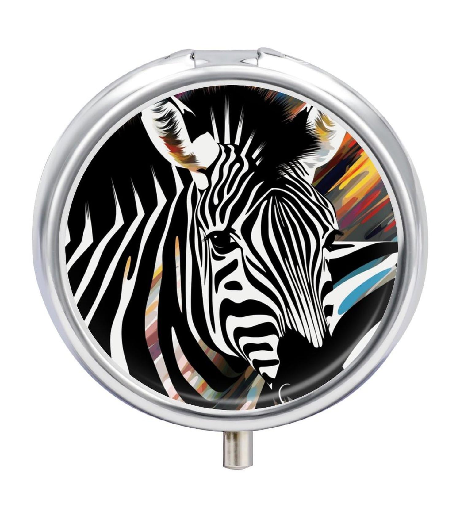 Round Zebra Print Pill Box - 3 Compartment Portable Medicine Organizer | Decorative Metal Pocket Pill Case - Buy Online on GoSupps.com