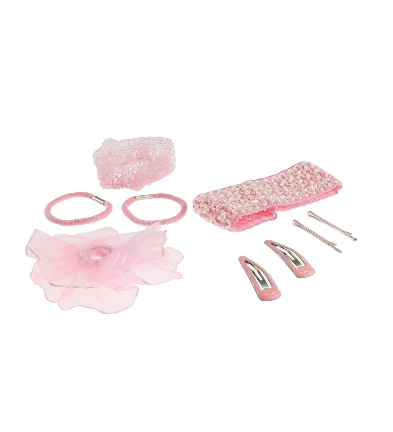 Girls Kids Childrens Pink School Play Ballerina Ballet Dance Recital 8 Piece Hair Net Tie Elastic Bun Accessories Ponios Scrunchy Clips Snapies Grips Set