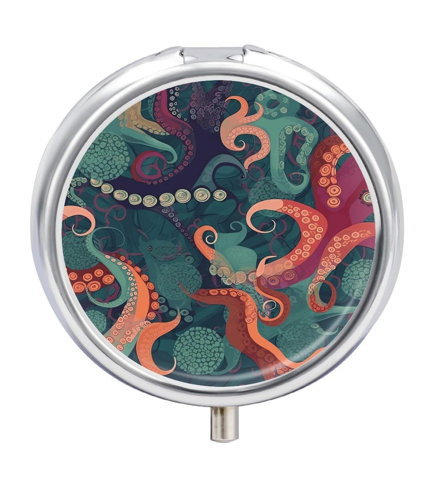 Round Octopus Print Pill Box | 3 Compartment Decorative Metal Organizer | Portable Pocket Pill Case for International Shipping - Buy Online on GoSupps.com