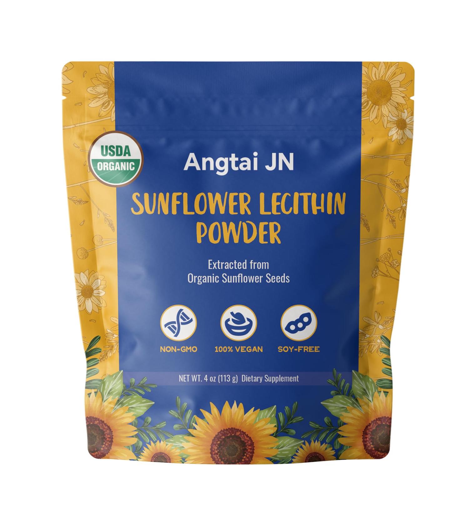 Angtai JN Organic Sunflower Lecithin Powder | USDA Certified Non-GMO | 4oz (113g) | 10g Daily Serving for Brain Liver & Heart Health | Easy Mixing in Smoothies Shakes & Baking - Buy Online on GoSupps.com