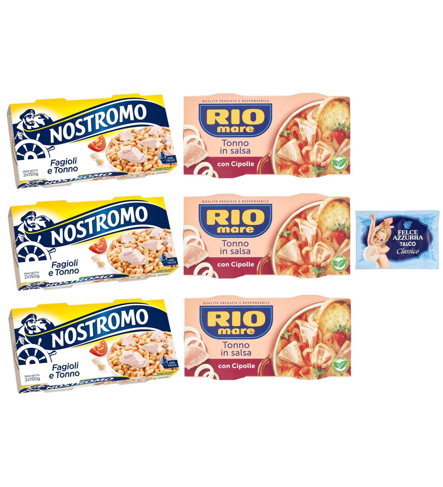 Rio Mare Pack of 6 Tuna and Onion Test Packs + Tuna and Nostromo Beans 2 x 150 g + 1 Felce Azzurra Talc Sachet 100 g - Buy Online on GoSupps.com