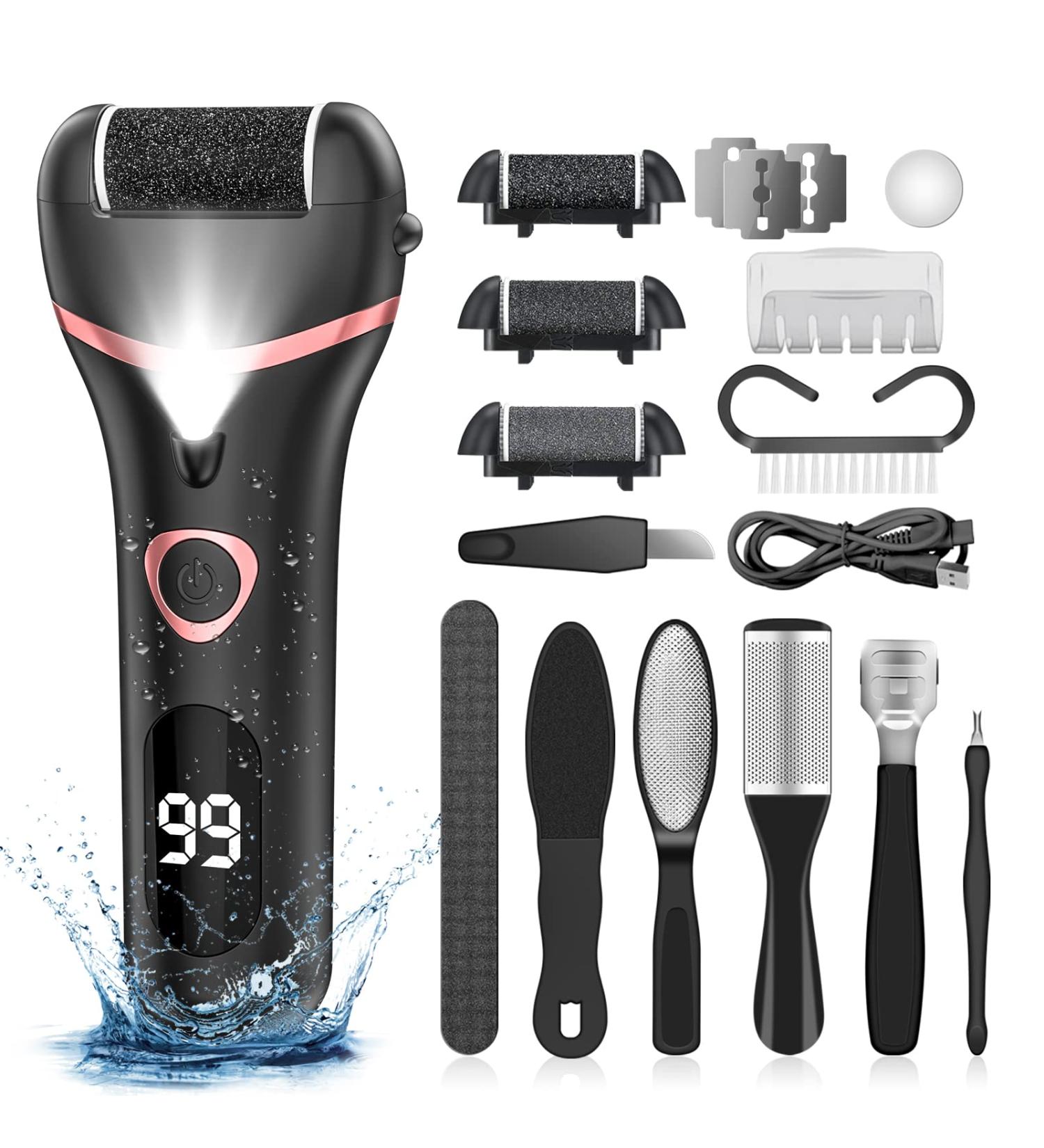 Waterproof Electric Callus Remover for Feet - Rechargeable Pedicure Kit with 3 Roller Heads, 2 Speeds, LED Display - Foot File for Hard, Cracked, Dry, Dead Skin - Buy Online on GoSupps.com