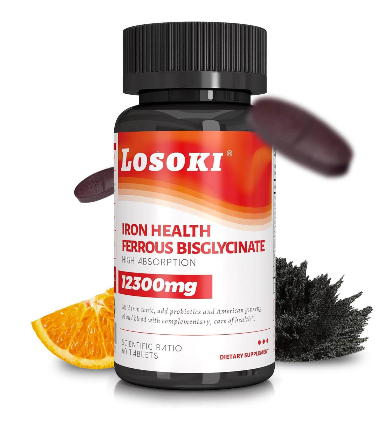Losoki Iron Bisglycinate 20 mg with Vitamin C B12 American Ginseng & Probiotics Gentle on The Stomach Supports Energy & Iron Deficiency - Non GMO 60 Tablets - Buy Online on GoSupps.com