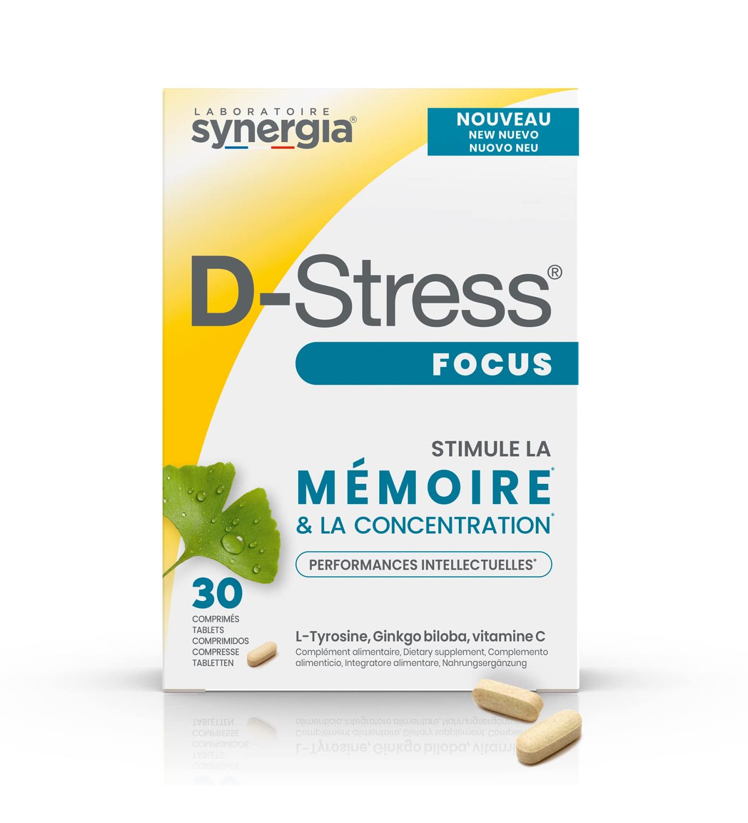 D-STRESS FOCUS 30 tablets | L-Tyrosine Ginkgo biloba and Vitamin C | Boosts memory and concentration | Vegan Gluten Free Soy Free Non-GMO | Origin France | SYNERGIA laboratory - Buy Online on GoSupps.com