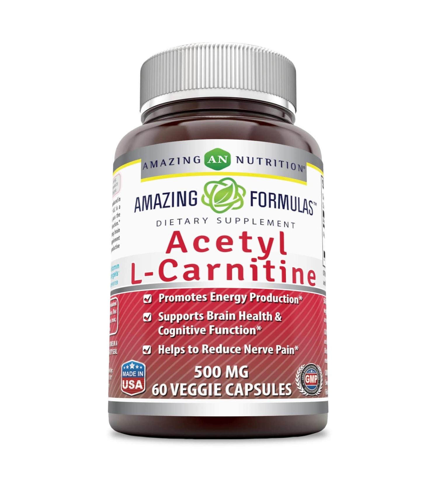 Amazing Formulas Acetyl L-Carnitine HCL 500mg Veggie Capsules - 60 Count - Energy Production & Cognitive Function - Non GMO, Gluten Free - Buy Online on GoSupps.com