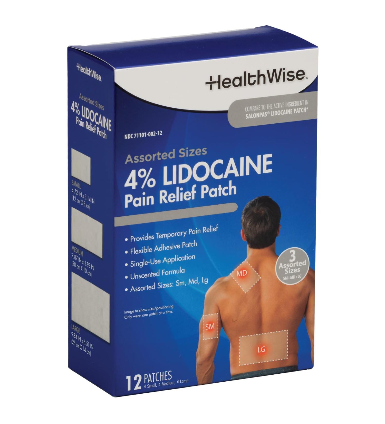 HealthWise Lidocaine Pain Patch | 4% OTC Lidocaine | 12-Count Assorted Sizes | Paraben-Free Formula | Temporarily Soothes Minor Aches and Pains | Unscented | Flexible Application - Buy Online on GoSupps.com