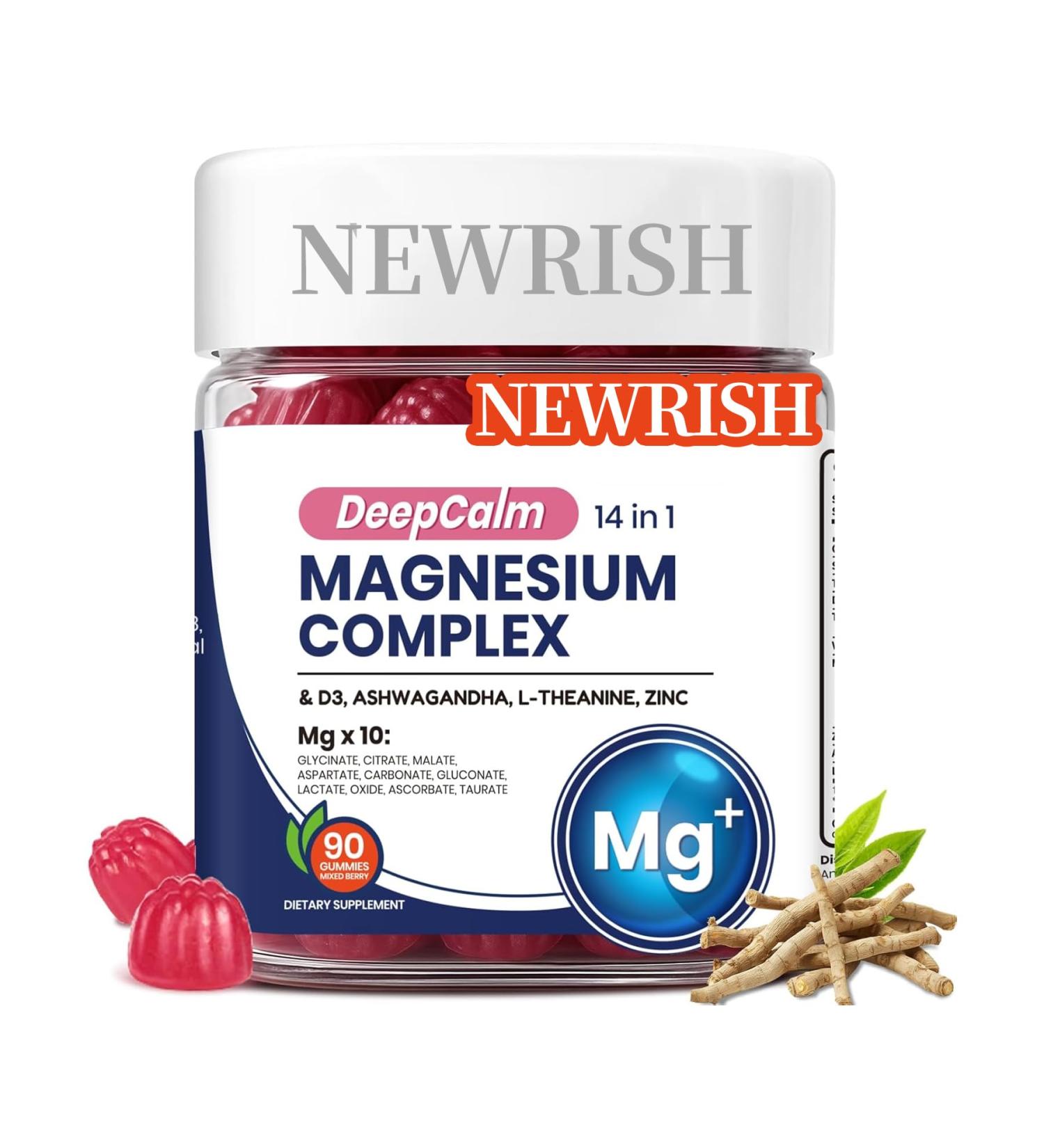 14-in-1 Magnesium Complex DeepCalm Gummies Ashwagandha L-Theanine Vitamin D3 & Zinc Vegan Magnesium Glycinate for Women & Men No Added Sugar 90 Count