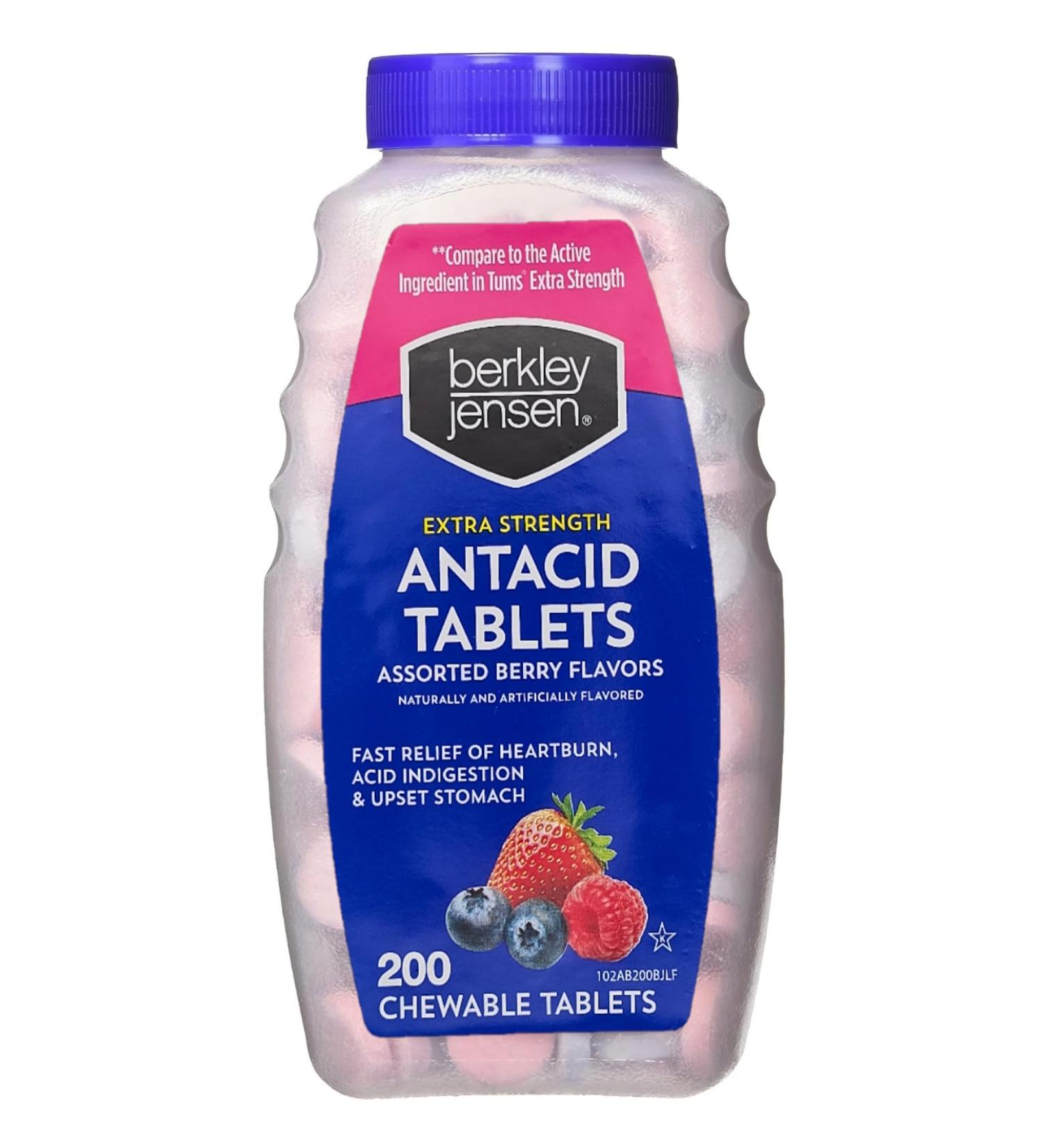 berkley jensen Extra Strength Antacid Tablets Chewable - 750mg Calcium Carbonate Antacids for Heartburn Acid Indigestion Upset Stomach Relief - Assorted Berry Flavor - 200 Count (Pack of 1) - Buy Online on GoSupps.com