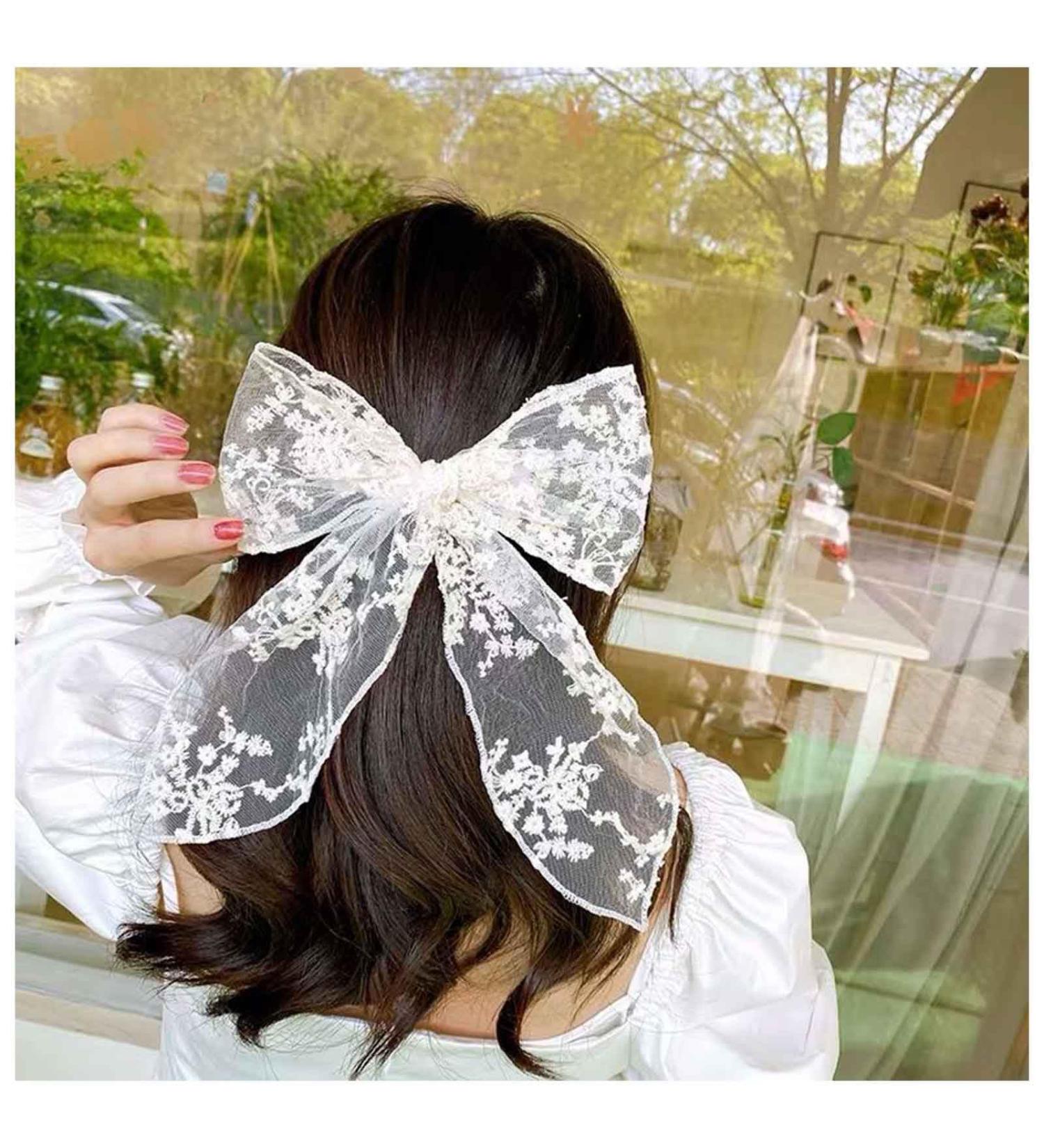 Xmsrn Vintage Large Bow Lace Hair Clip Barrette Bow White Lace Hair Barrette French Bow Mesh Head Clip Barrette Hair Accessories for Women and Girls (White) - Buy Online on GoSupps.com