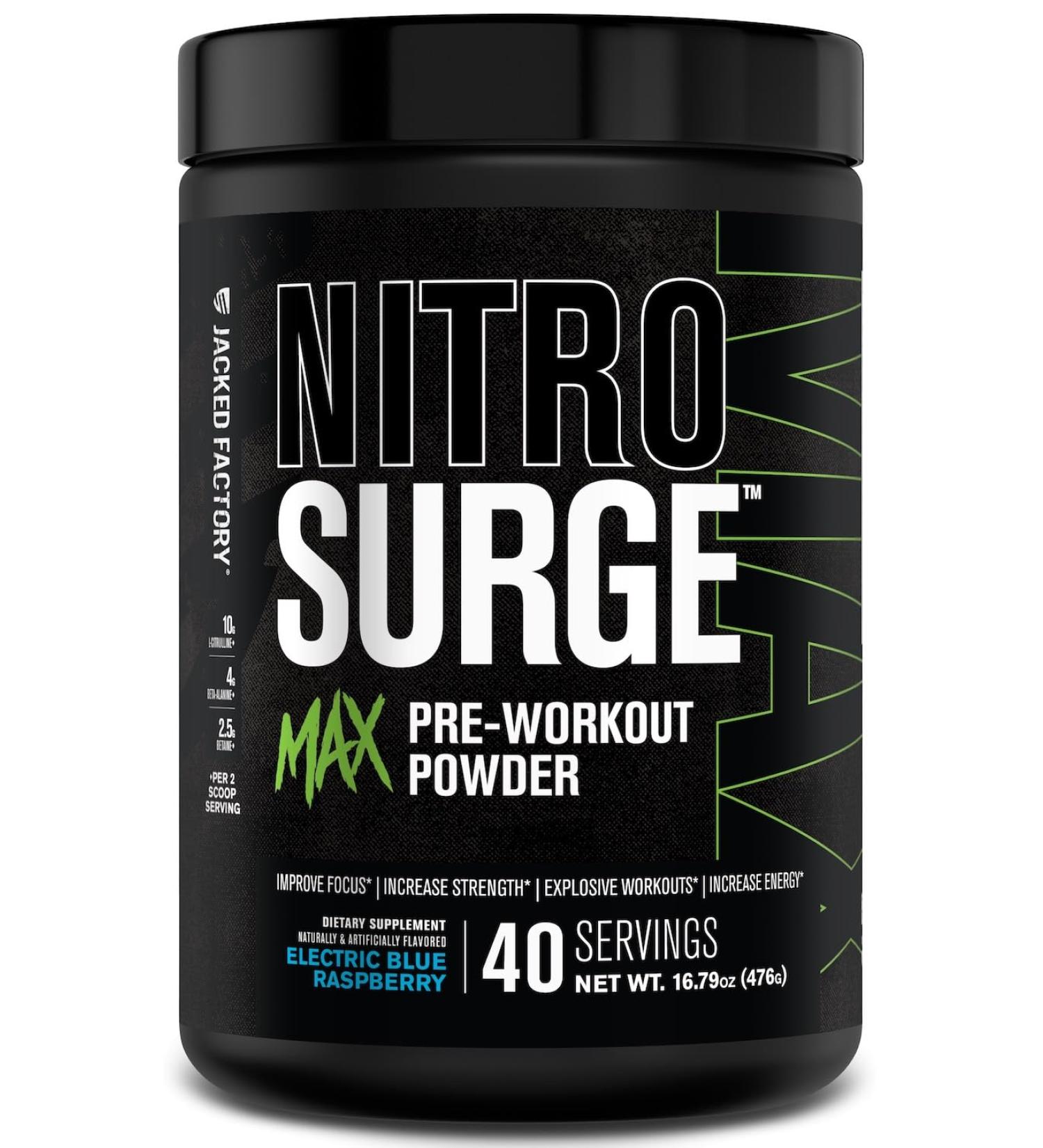 Jacked Factory Nitrosurge Max High Performance Pre Workout Powder - Pre Workout w/Nootropic Ingredients for Intense Focus Pumps Smooth Energy Endurance - 40 Servings Electric Blue Raspberry Electric Blue Raspberry 40 Se  - Buy Online on GoSupps.com