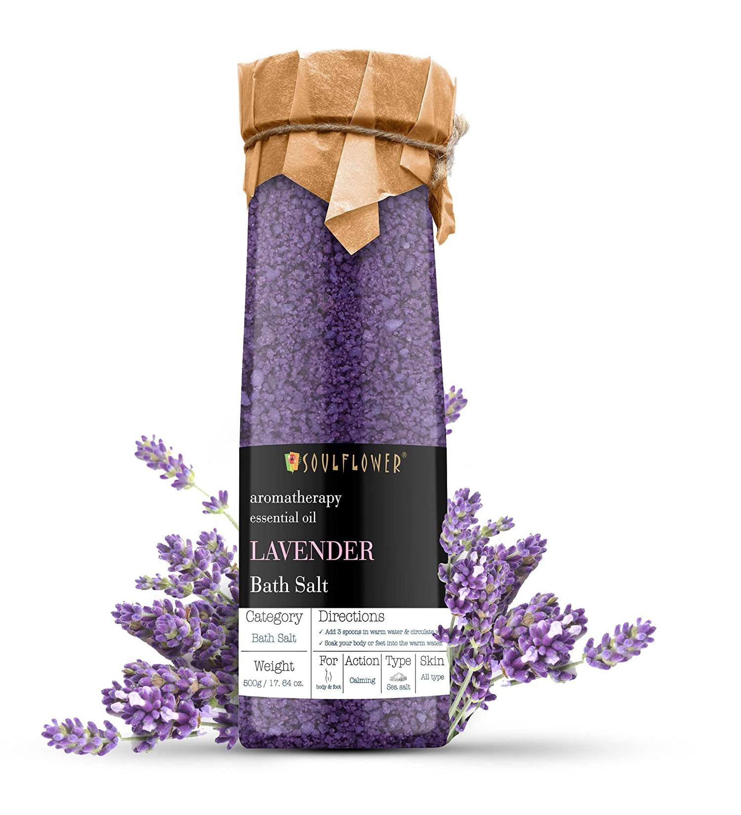 Soulflower Lavender Bath Salt 500g/18 Oz - Natural Mineral-Rich Sea Salt Soak with Lavender Essential Oil for Body & Foot Spa - Ideal Gift for Men - Buy Online on GoSupps.com