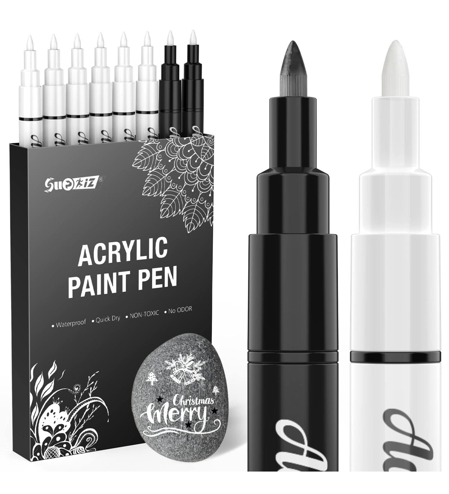White Paint Pen 8 Pack - 0.7mm Acrylic Markers for Rock, Wood, Glass & More - Extra Fine Tip Opaque Ink - 6 White & 2 Black Pens Included - Buy Online on GoSupps.com