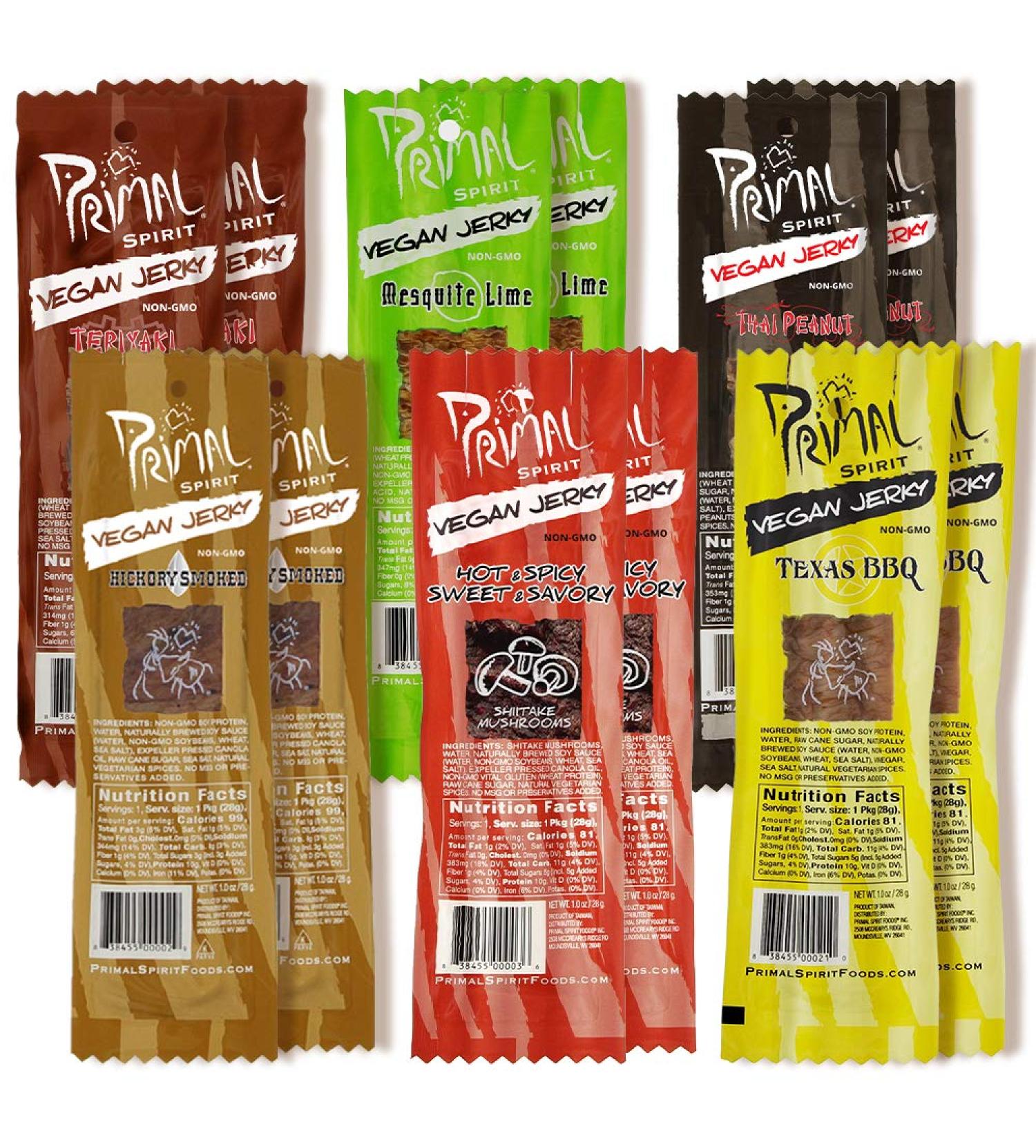 Primal Spirit Vegan Jerky Sampler Pack | 10g Plant-Based Protein | Non-GMO - 12 Flavors - Buy Online on GoSupps.com