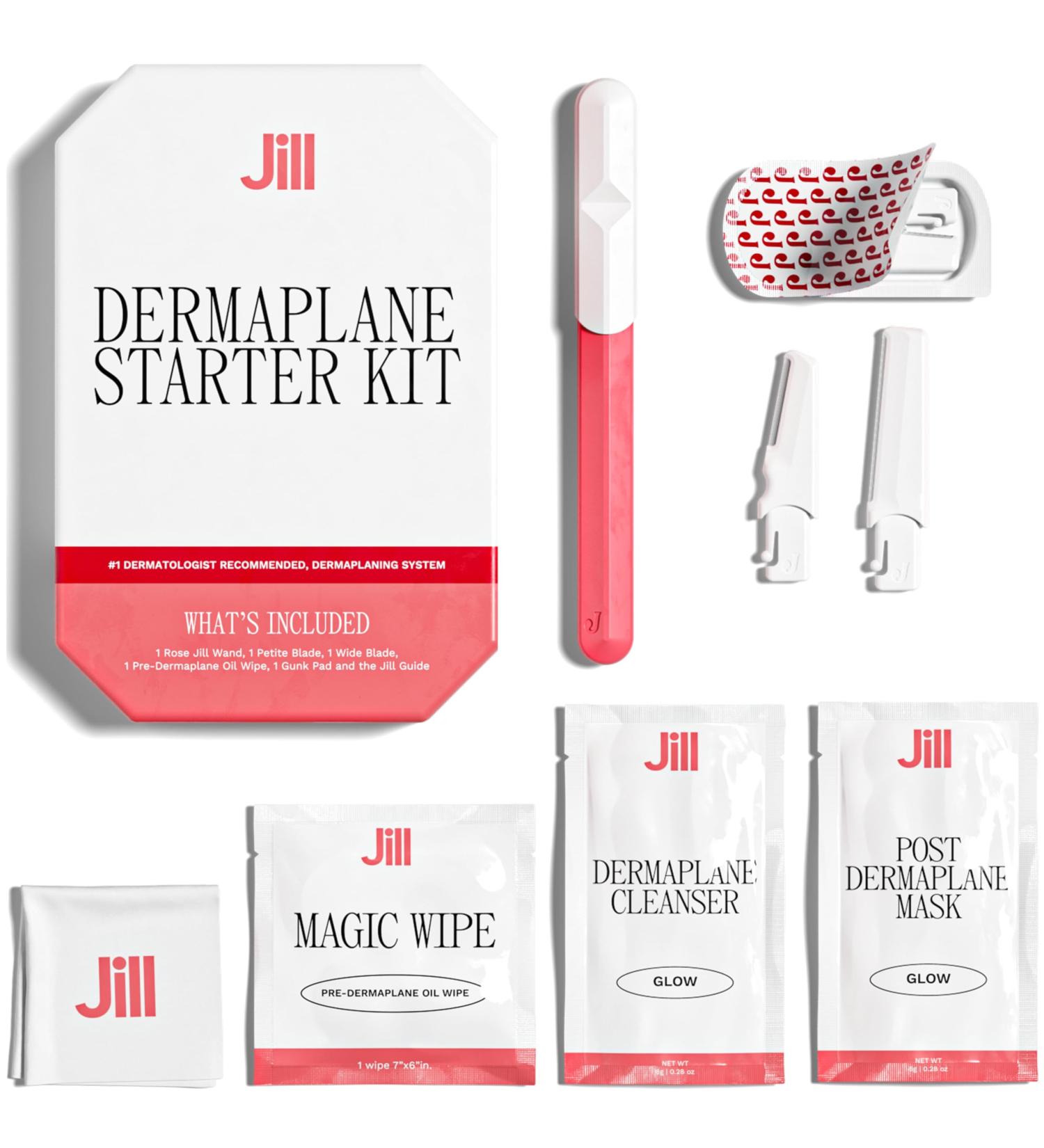 Jill Dermaplane Starter Kit for Women in Rose Facial Razor & Exfoliating Blade Set with Pre-Shave Magic Wipe Gentle Skin Cleanser Glow Moisturizer & 2 Disposable Dermaplane Blades Starter Kit in Rose - Buy Online on GoSupps.com