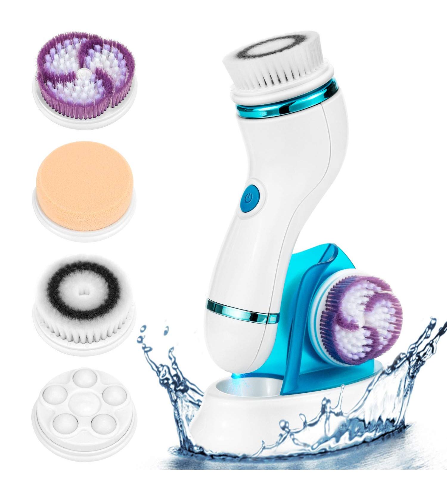 Rechargeable Facial Cleansing Brush Set with 4 Heads | IPX6 Waterproof Electric Face Scrubber for Deep Cleaning, Exfoliating & Blackhead Removal | 2 Adjustable Speeds - Blue - Buy Online on GoSupps.com