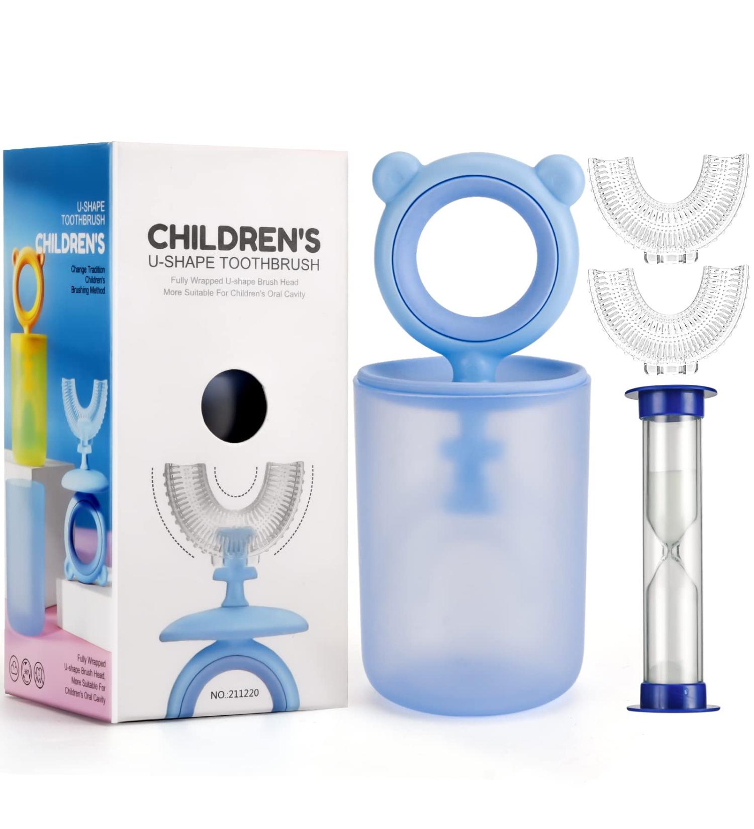 U-Shaped Toddler Toothbrush Set | Soft Silicone | Age 2-12 | 360 Oral Cleaning Design | 3 Min Sand Timer | Kids Teeth Cleaning Kit (2-6 Year Blue) - Buy Online on GoSupps.com