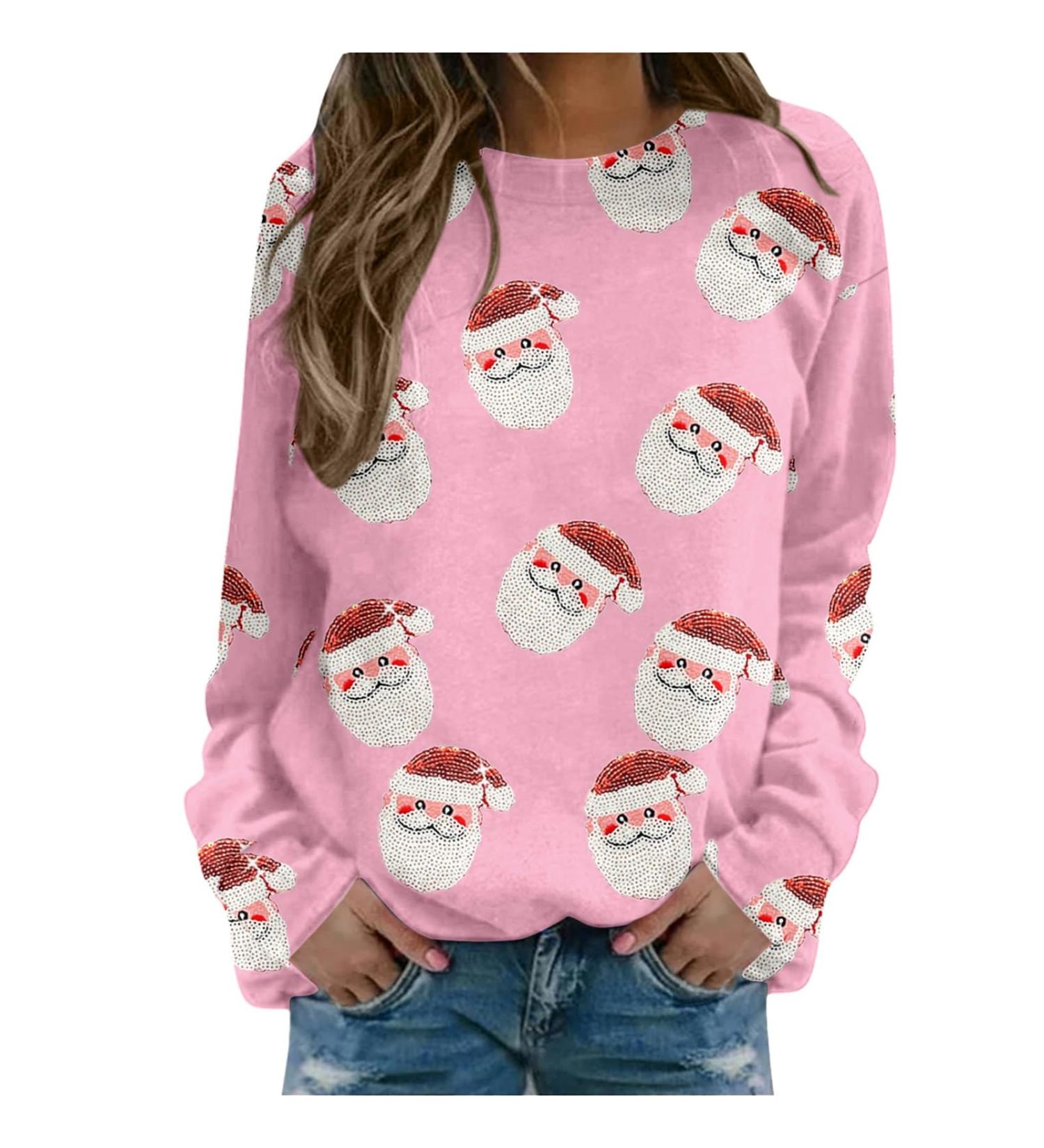Women's Christmas Sweatshirt | Cute Snowman & Penguin Print O-Neck Raglan Top | Comfy & Warm Xmas Jumper | Winter Long Sleeve Tunic Sweater - Pink, Size S - Buy Online on GoSupps.com