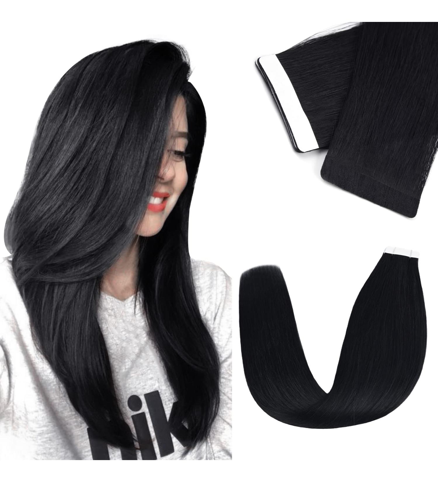 Vlasy 12 Inch Black Tape in Human Hair Extensions - 20pcs Straight Seamless Invisible Tape ins - Real Natural Hair Extensions - Buy Online on GoSupps.com
