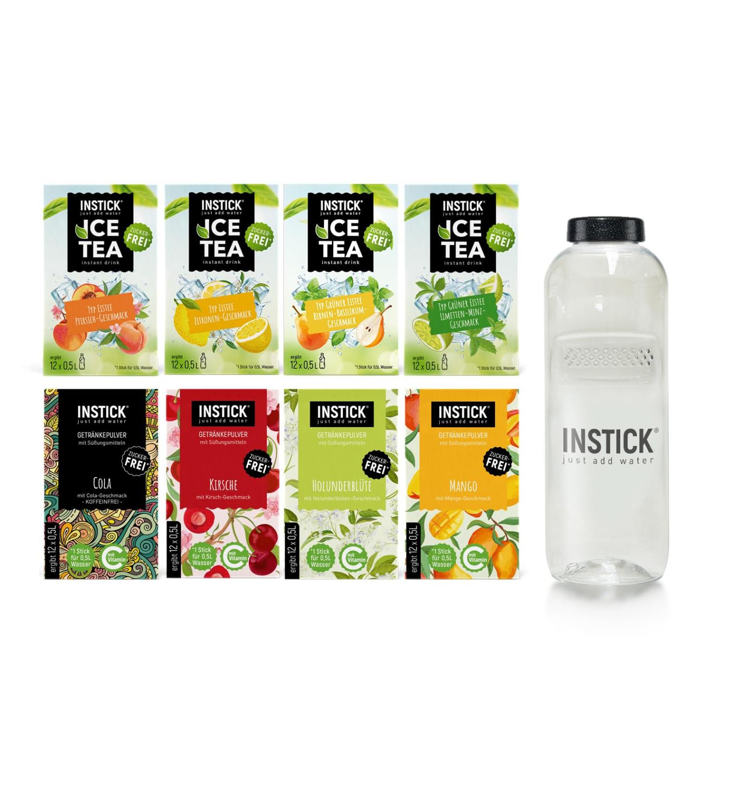 Intick Sugar-Free Instant Drink Bundle | Vegan Beverage Powder with Vitamin C | 8x12 Sticks & 1L Tritan Bottle | Low Calorie Iced Tea & Classic Flavors - Buy Online on GoSupps.com