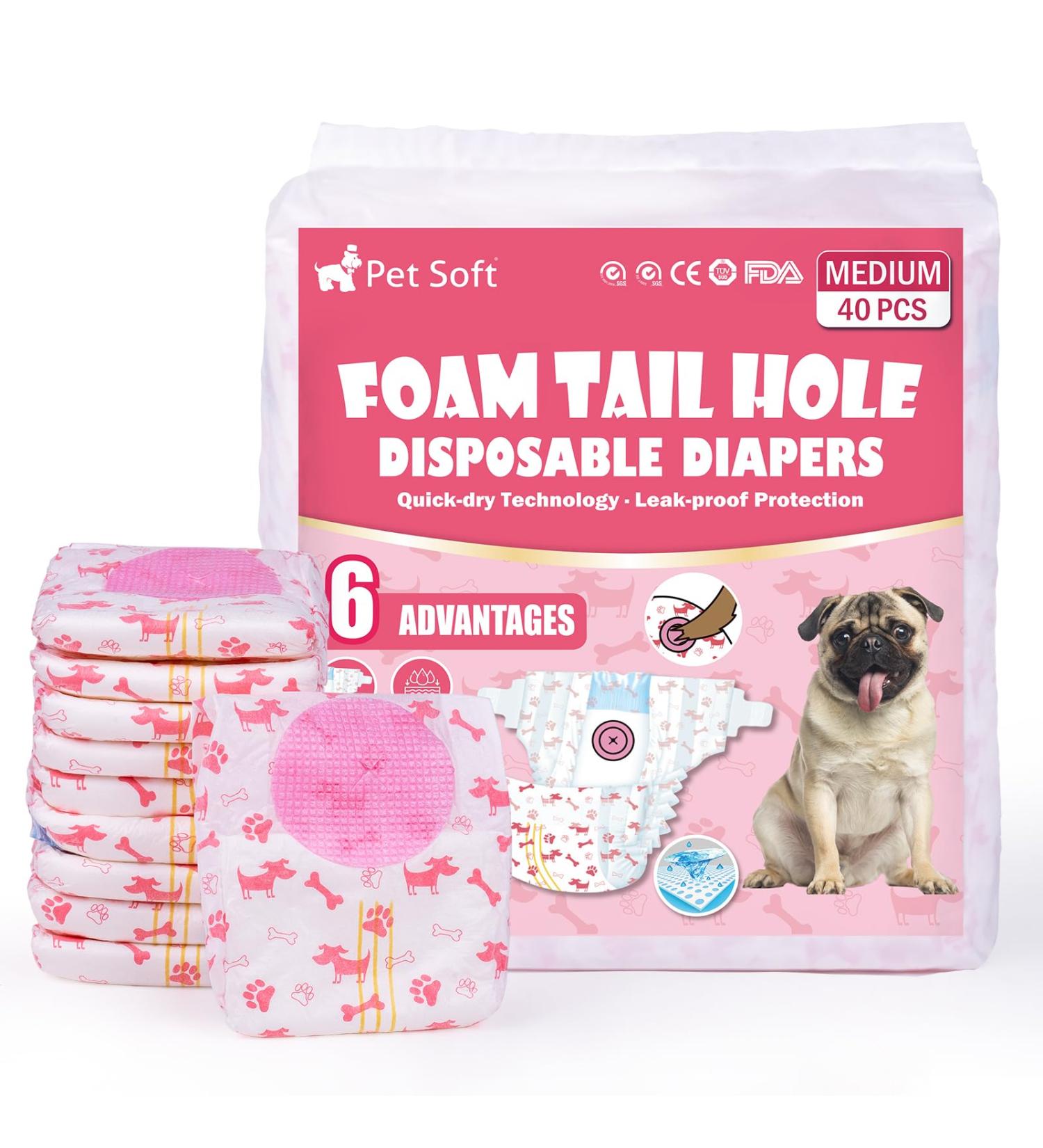 Pet Soft Dog Diapers for Bitches - 40 Disposable High-Suction Diapers for Dogs & Cats - Adjustable Tail Hole (M) - Buy Online on GoSupps.com