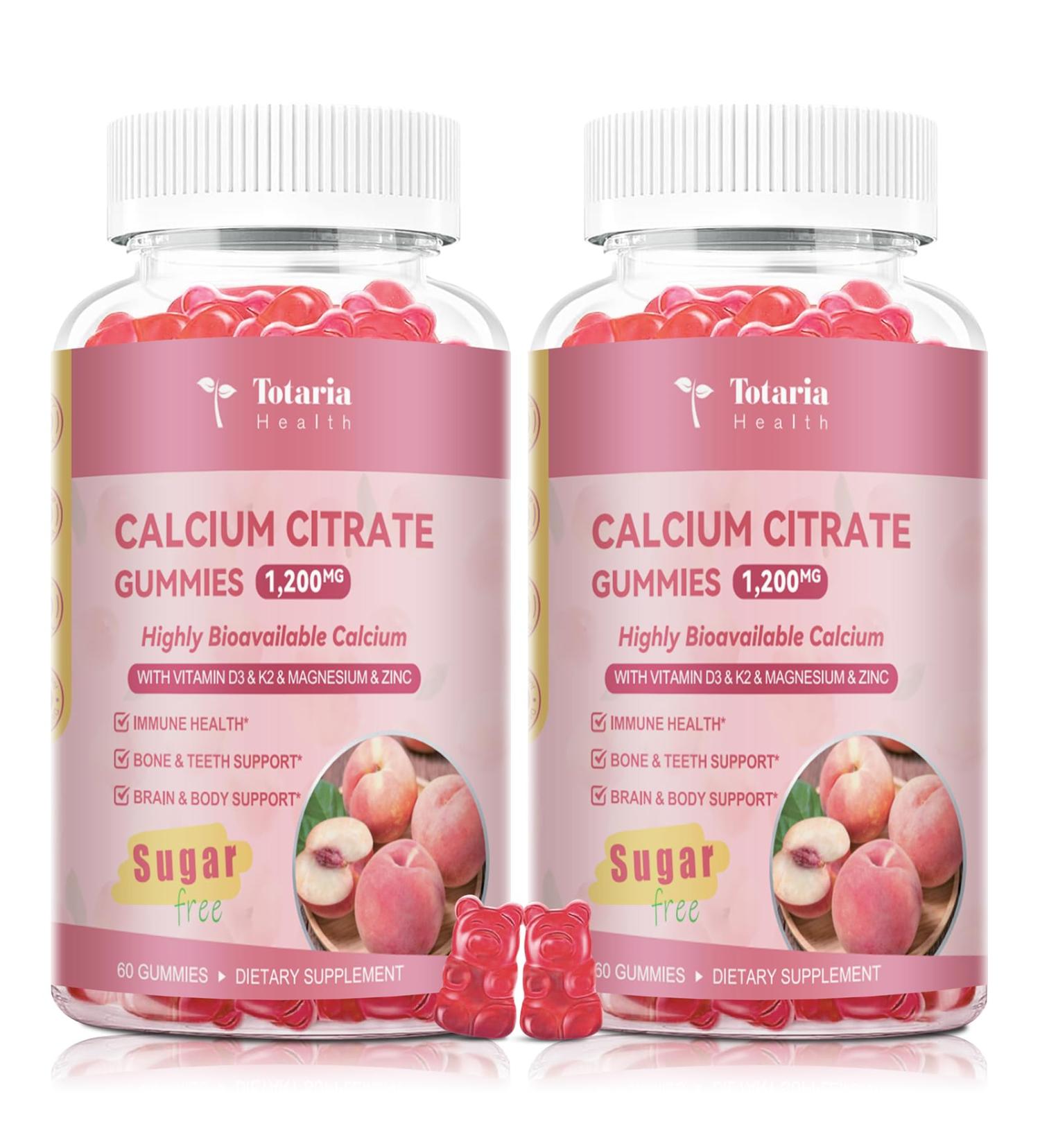 2 Pack Calcium Citrate Gummies 1200 mg - Calcium Supplements for Women with Vitamin D3 & K2,Magnesium,Zinc - Sugar Free Calcium Gummies for Bone & Teeth & Immune Support- Peach Flavor - Buy Online on GoSupps.com