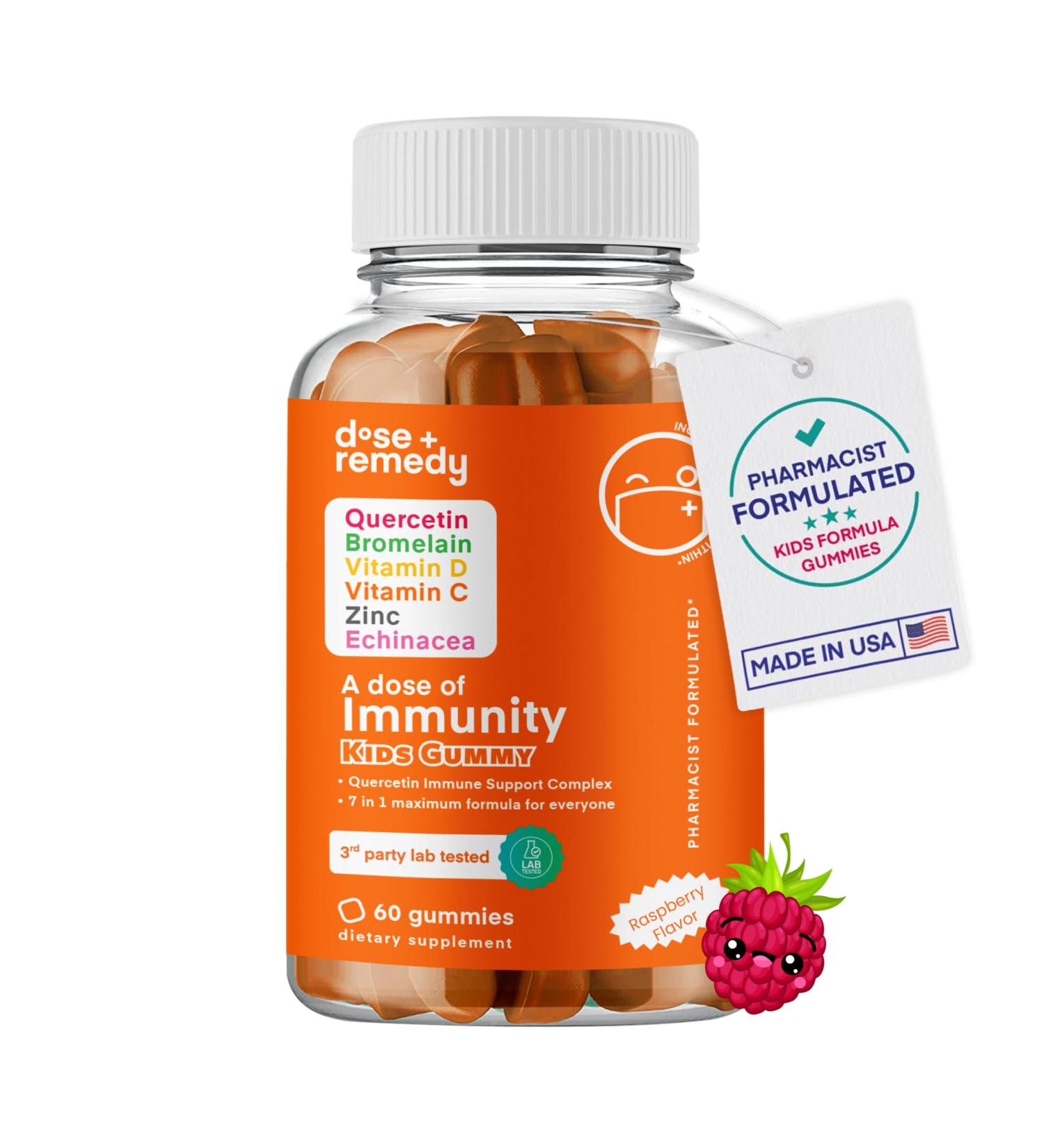 A Dose of Immunity Kids Quercetin with Vitamin C Zinc Vitamin D 100mg Quercetin Bromelain Echinacea 60 Gummy Count (Pack of 1) 1 Count (Pack of 1) - Buy Online on GoSupps.com