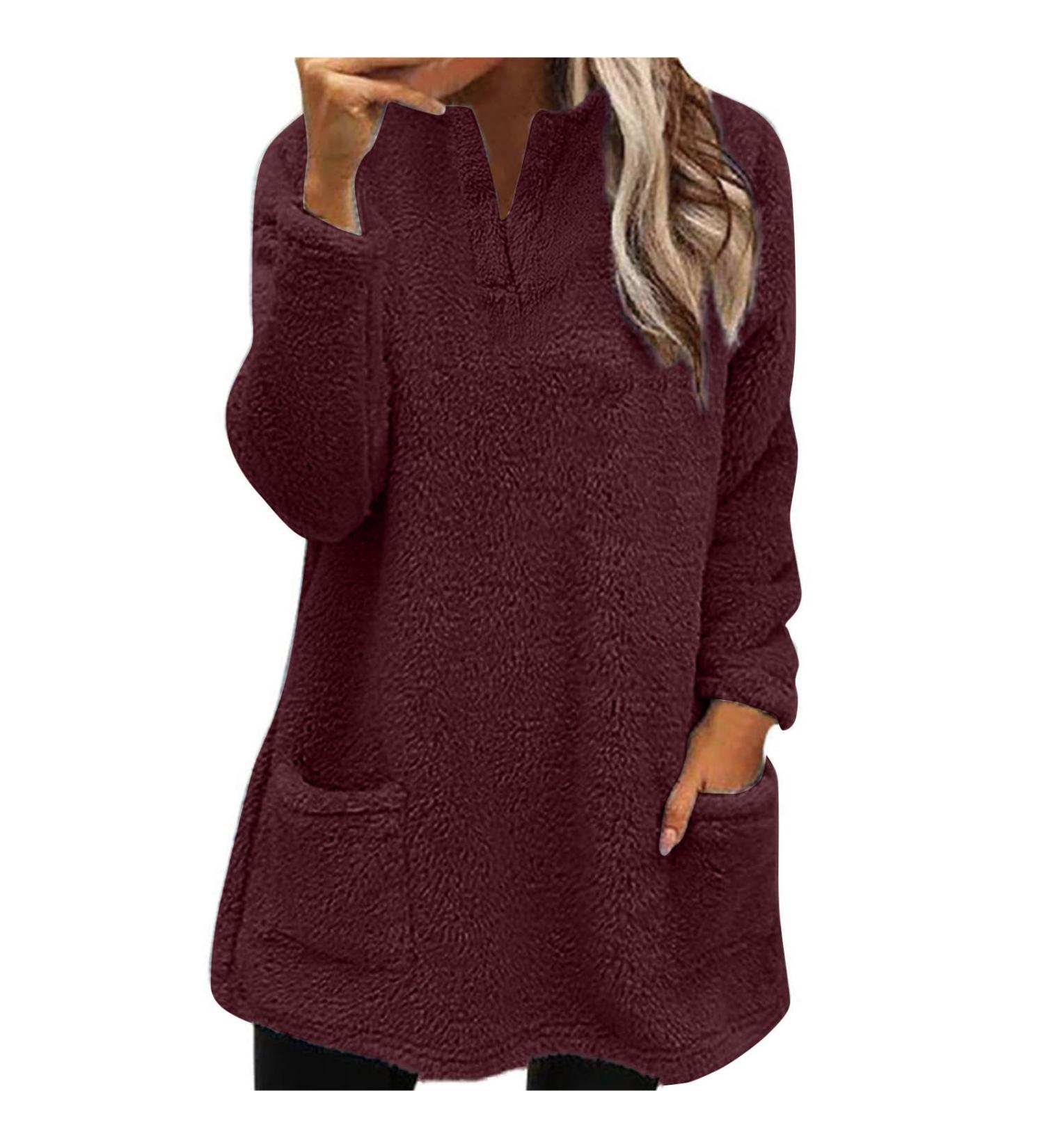 AMhomely Women's Plus Size Double Fleece Hooded Jumper - Soft Teddy Fleece, V Neck, Pocket Detail - Winter Lounge Wear in Wine M - Buy Online on GoSupps.com