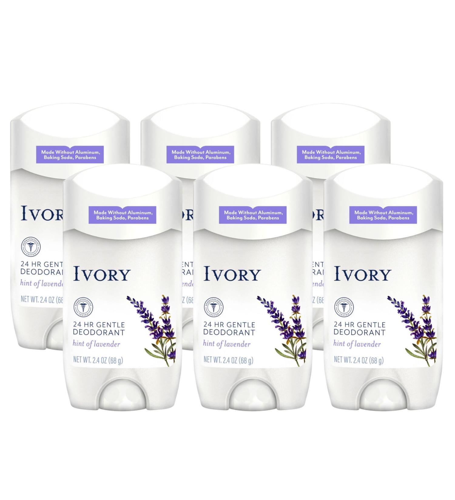 Ivory Aluminum Free Deodorant Hint of Lavender 24hr Gentle Deodorant Dermatologist Tested Baking Soda Free Paraben Free 2.4oz (Pack of 6) Hint of Lavender 2.4 Ounce (Pack of 6) - Buy Online on GoSupps.com