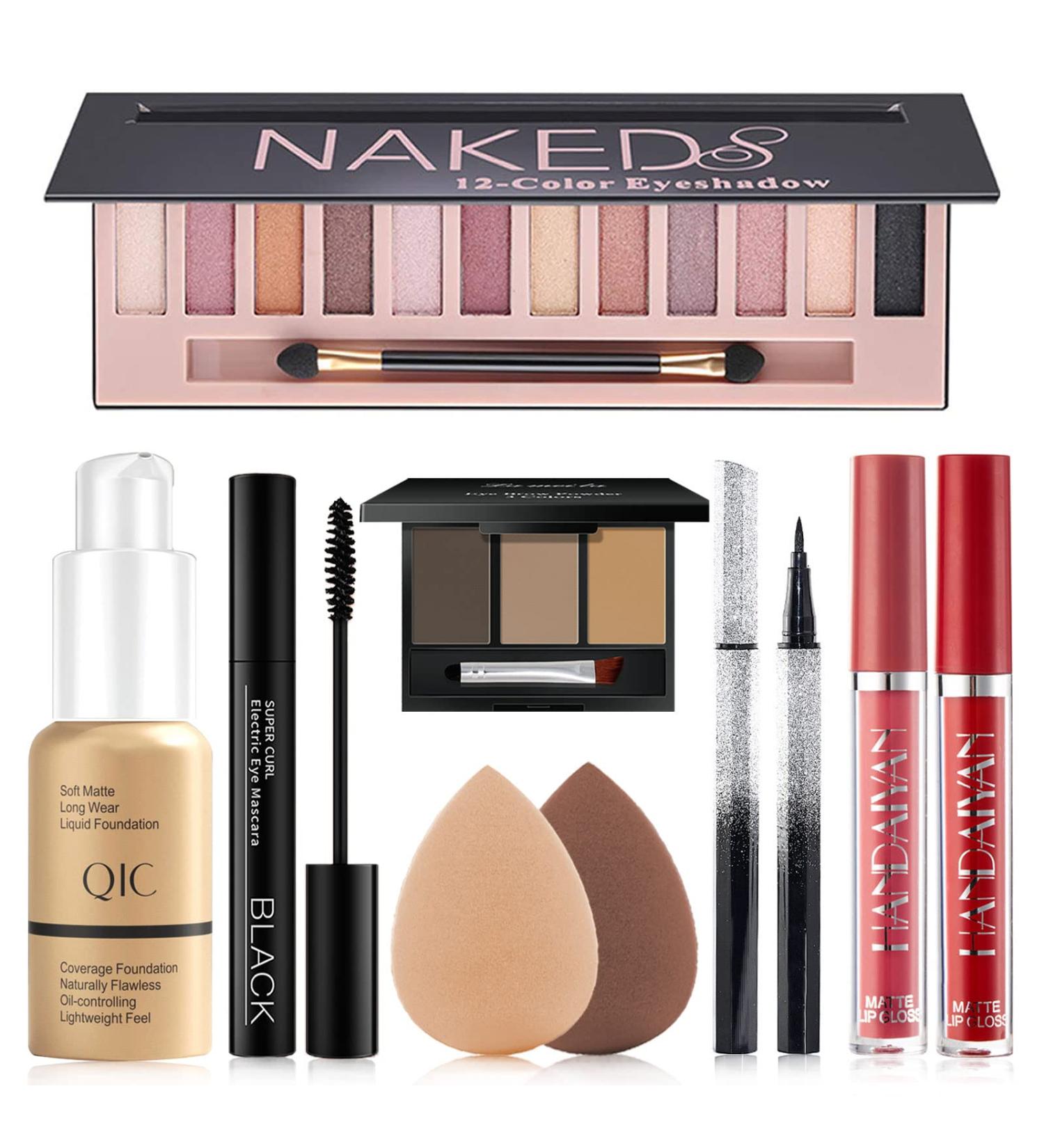 Complete Women's Makeup Kit: Eyeshadow Palette, Foundation, Eyeliner, Mascara, Lipstick, Eyebrow Powder, Makeup Sponge - Gift Set - Buy Online on GoSupps.com
