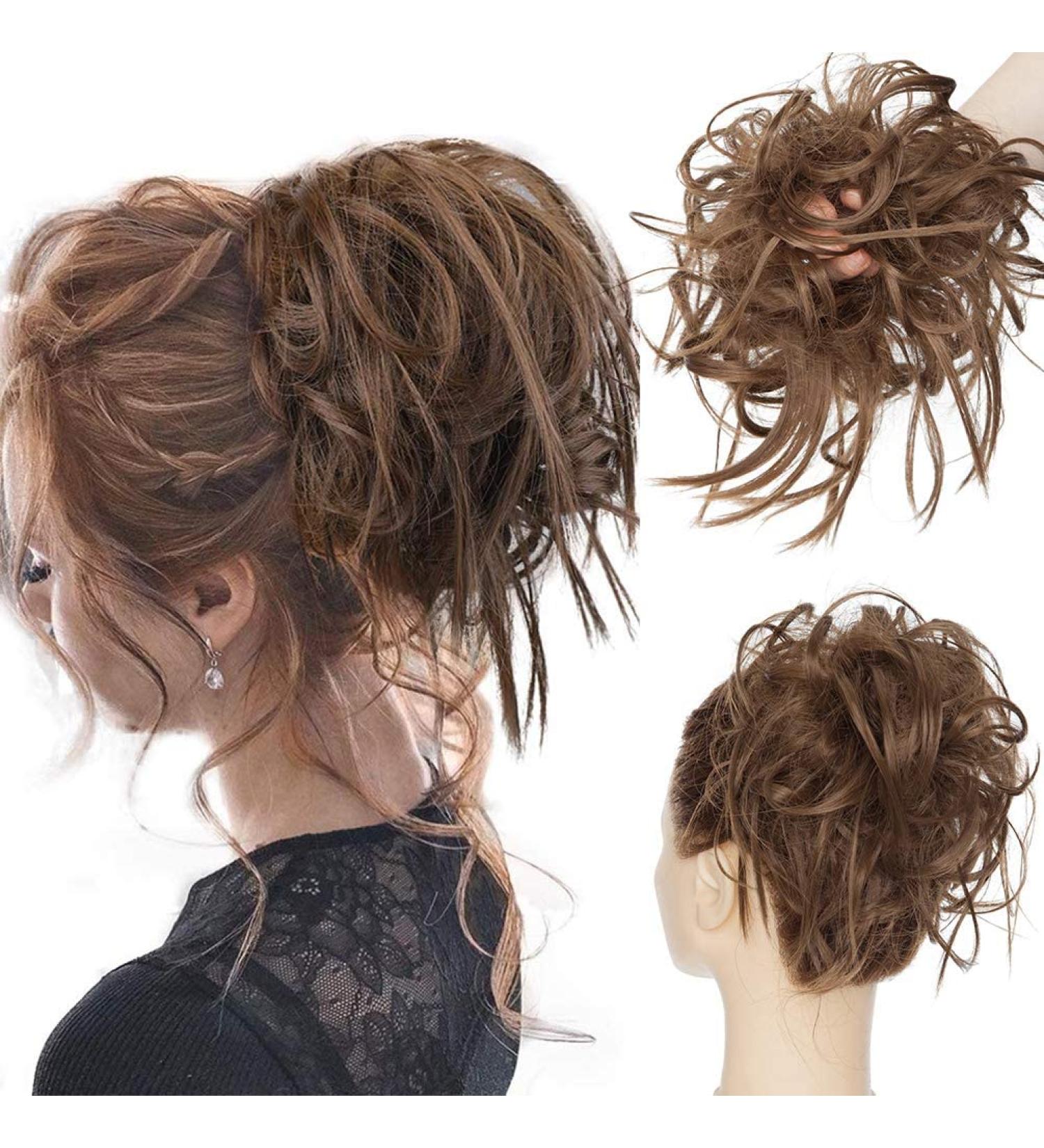 Tousled Updo Messy Bun Hair Extension - Golden Brown Synthetic Wavy Hairpiece for Women - Buy Online on GoSupps.com