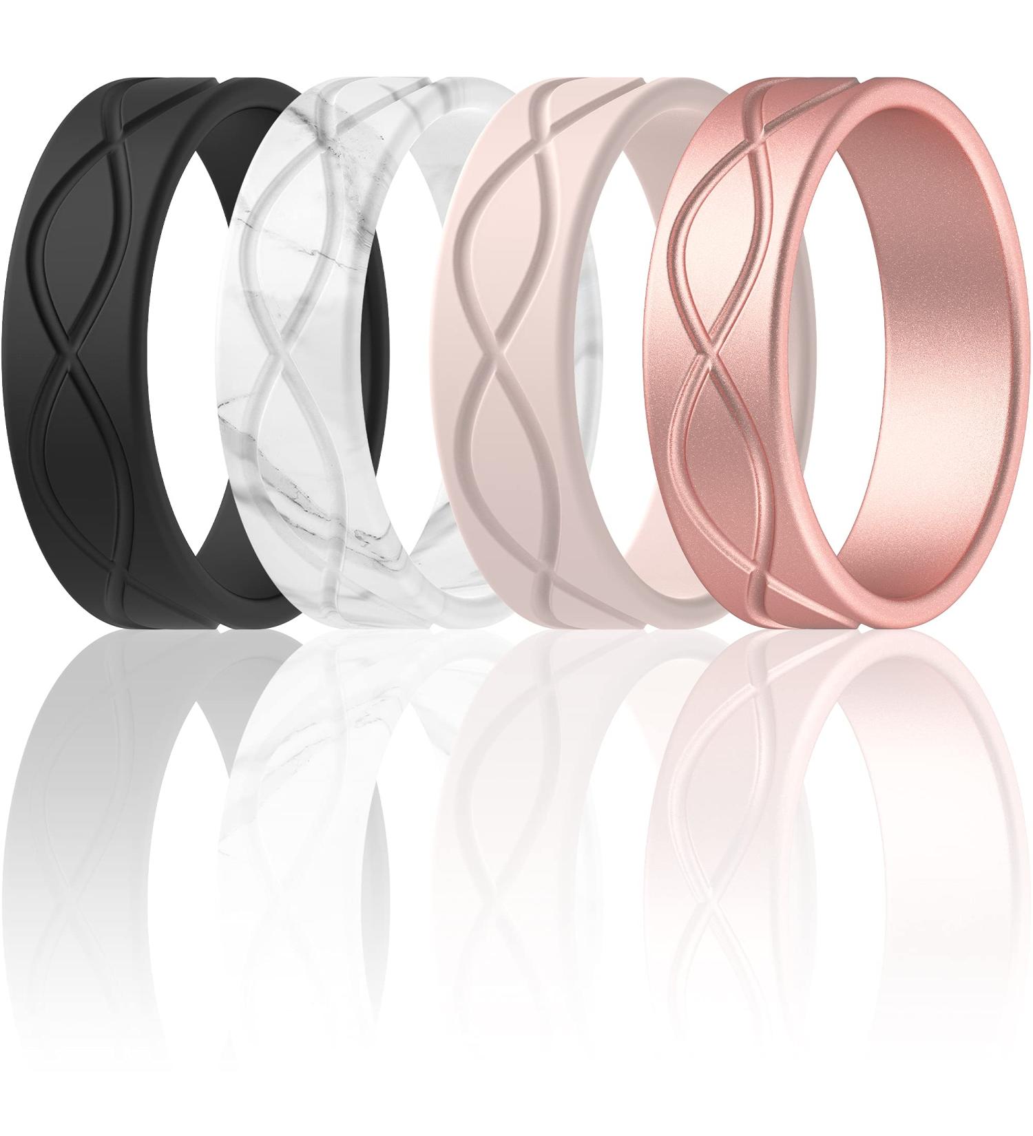 ThunderFit Silicone Wedding Bands for Women - Infinity Design - Rose Gold/Royal Black/Jasmine White/White Marble - 6.5-7 (17.35mm) - Buy Online on GoSupps.com