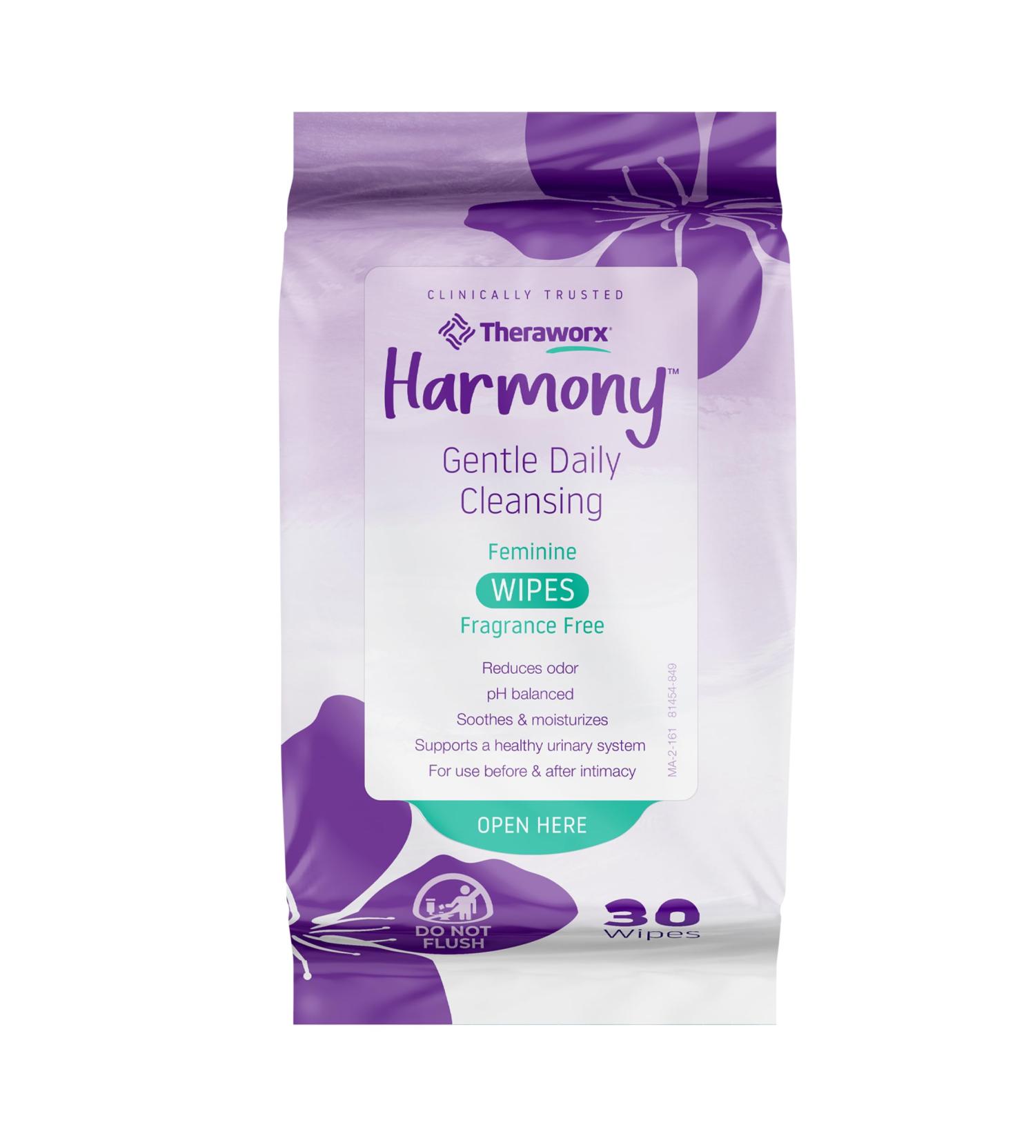 Theraworx Harmony Gentle Daily Cleansing Feminine Wipes - Fragrance Free pH Balanced Urinary Hygiene - 30 Count Unscented Wipes for Women - Buy Online on GoSupps.com