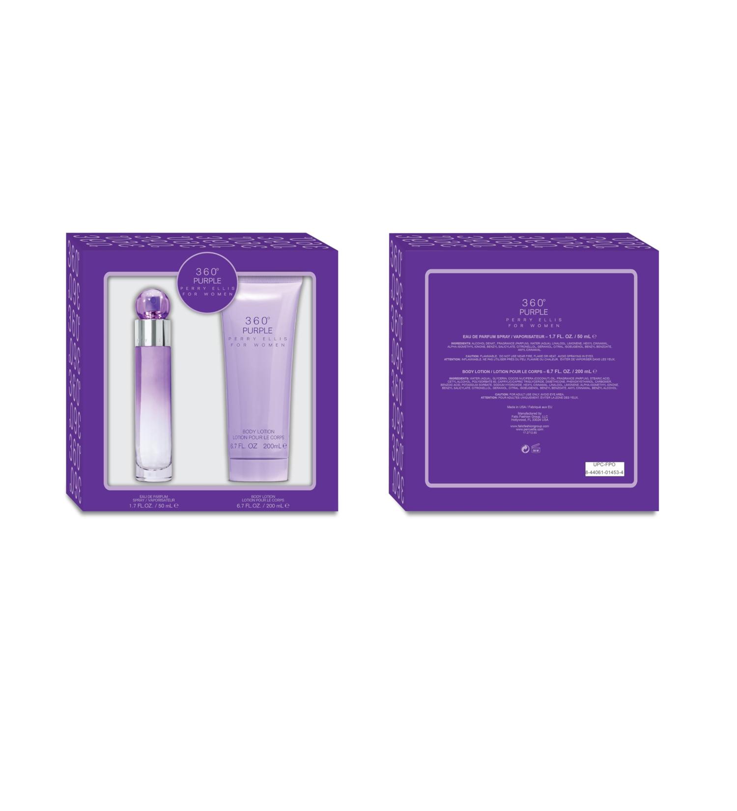 Perry Ellis 360 Purple for Women 2-Piece Gift Set - 3.4 fl oz eau de parfum 6.7 oz body lotion - blackberry peach pink apple tuberose muguet rose jasmine mimosa sandalwood oak moss musk - Buy Online on GoSupps.com
