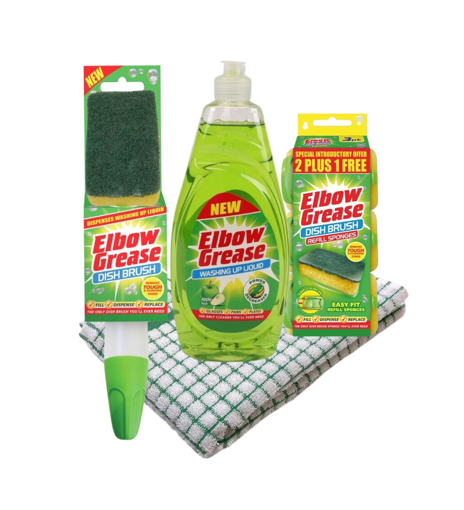 Complete Washing Up Liquid Bundle - Set Includes 600ml Apple Elbow Grease Washing Up Liquid Dish Brush Refill Sponges and Kitchen Towel - Buy Online on GoSupps.com